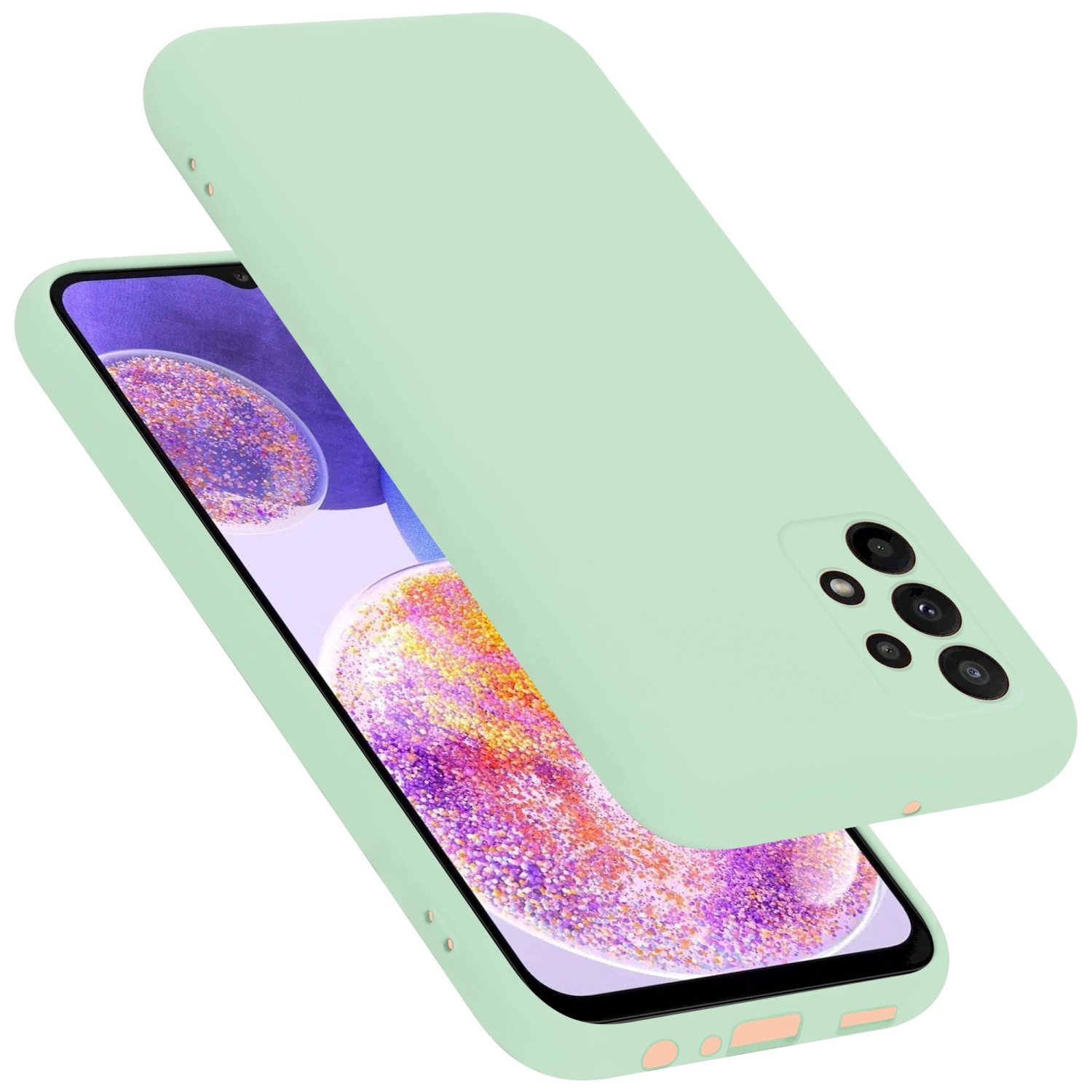 Grüne Handyhülle mit Telefon. Das Telefon hat einen lila-weißen Bildschirm, die Hülle ist auch grün.