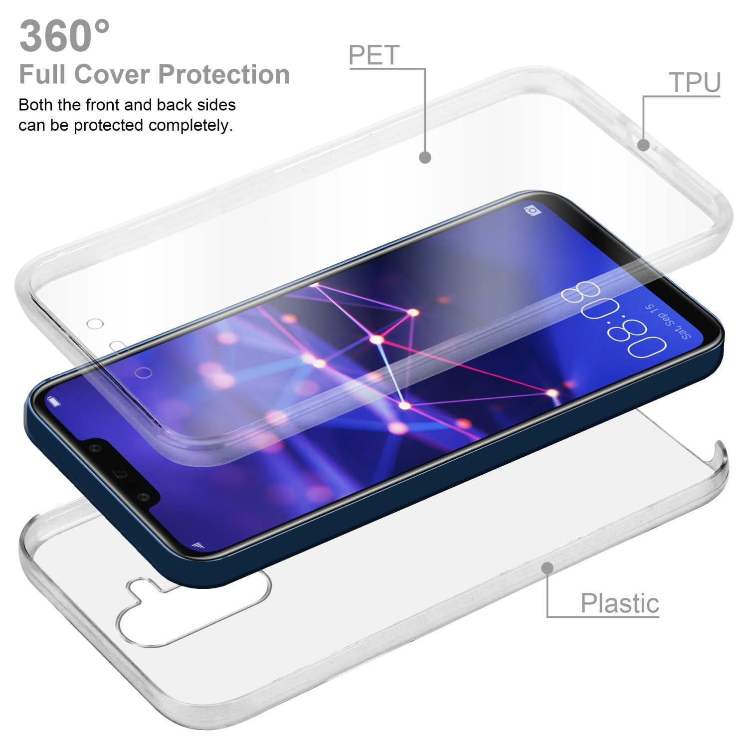 Custodia con strati protettivi. Telefono all'interno. Plastica trasparente e telefono blu.