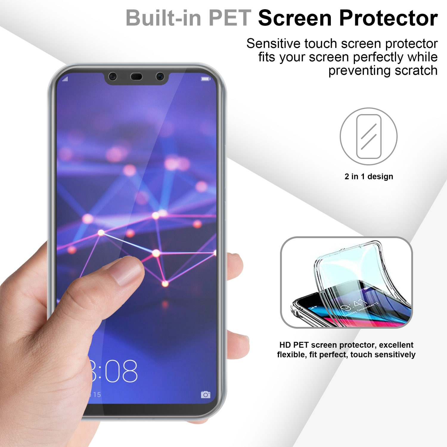 Telefono con protezione schermo e mano che lo tiene. Due diagrammi dei dettagli di protezione su bianco.