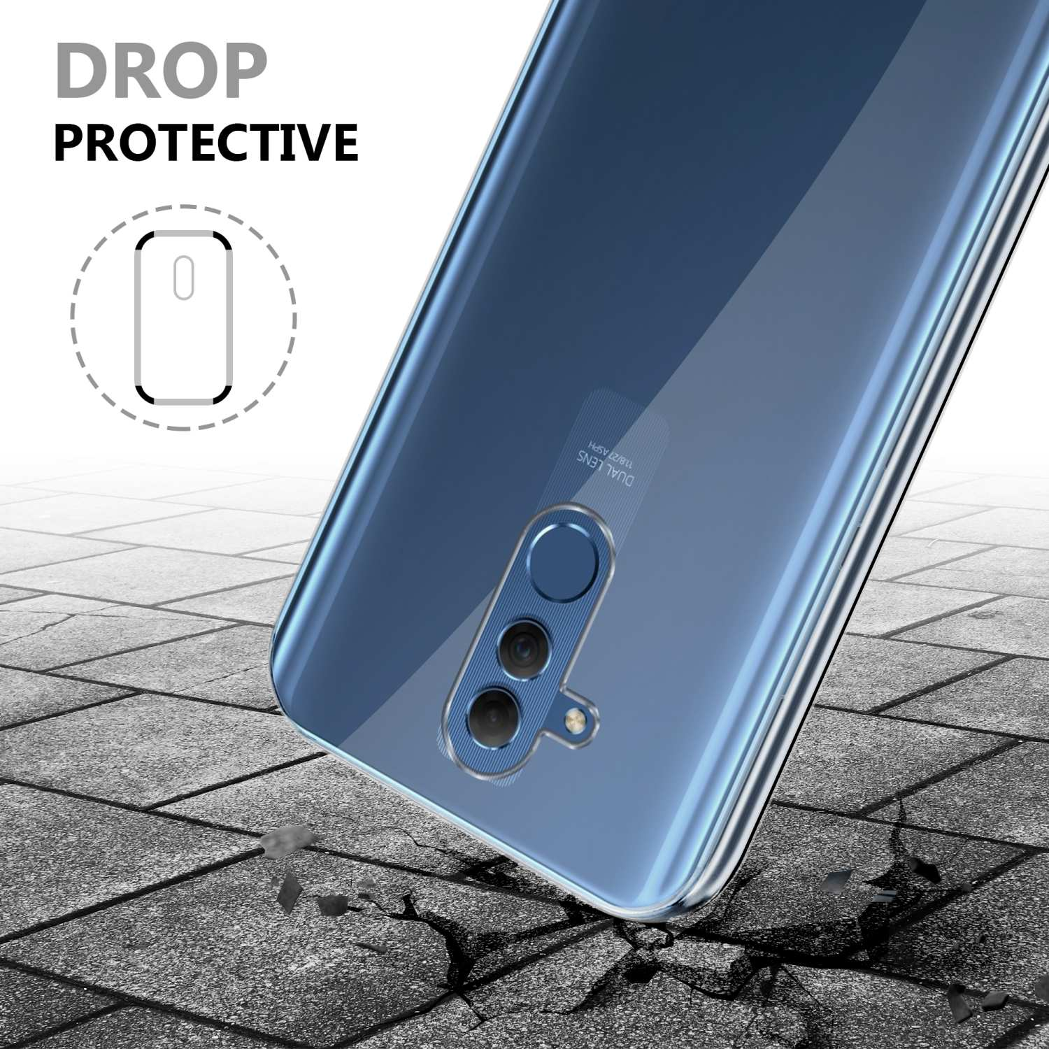 Una custodia trasparente per telefono con un telefono blu all'interno, su una superficie incrinata.