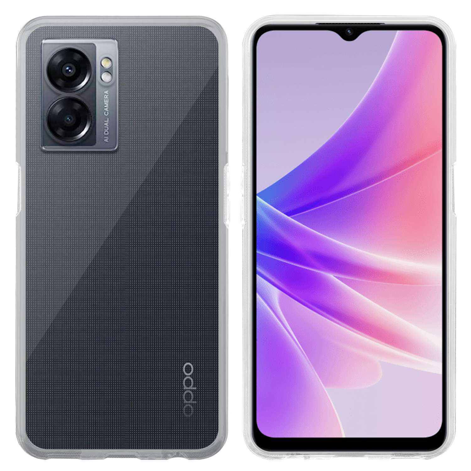 Due telefoni. Uno in una custodia trasparente, l'altro con la parte posteriore scura. Entrambi hanno il logo Oppo.