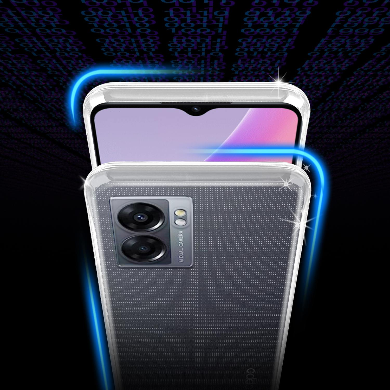 Due telefoni all'interno di una custodia trasparente. La custodia ha un ritaglio per doppia fotocamera.