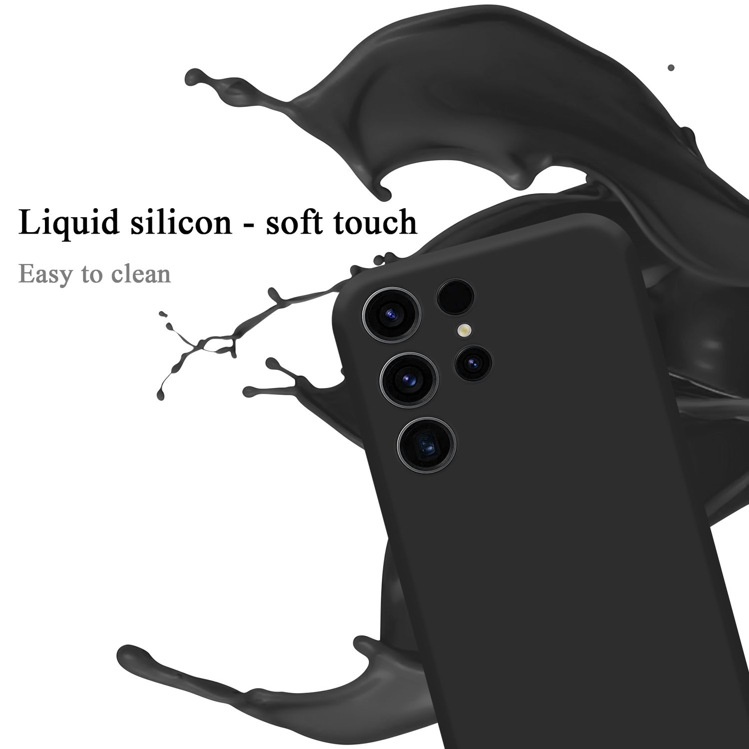 Eine schwarze Handyhülle mit einem Spritzer schwarzer Flüssigkeit. Das Telefon hat drei Kameras.