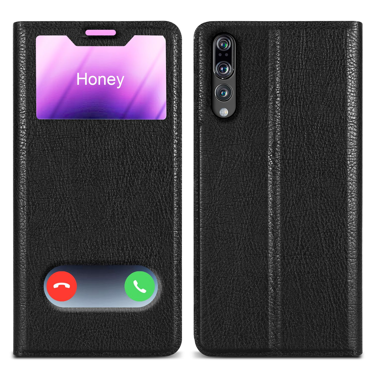 Custodia per telefono nera con finestra che mostra 'Honey' e pulsanti di chiamata. Il retro è liscio.