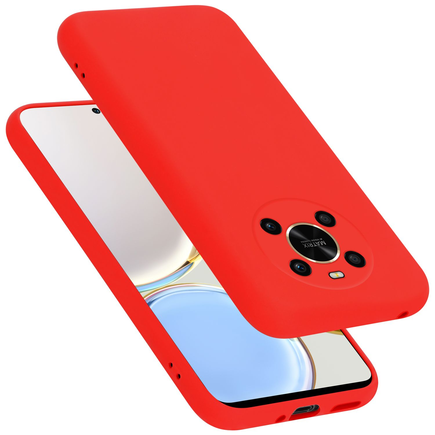 Custodia per telefono rosso brillante, con un modulo fotocamera sul retro. La custodia è aperta.