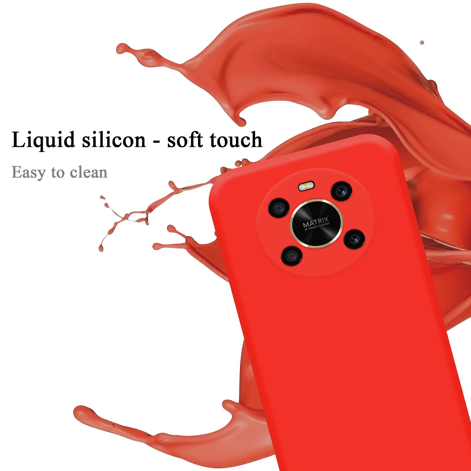 Custodia rossa con quattro obiettivi, schizzo di liquido.