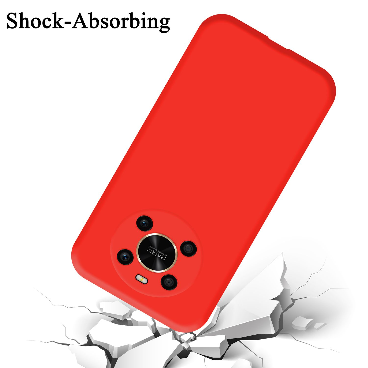 Custodia rossa per telefono, su pezzi bianchi rotti, con la scritta 'Shock-Absorbing' sopra.