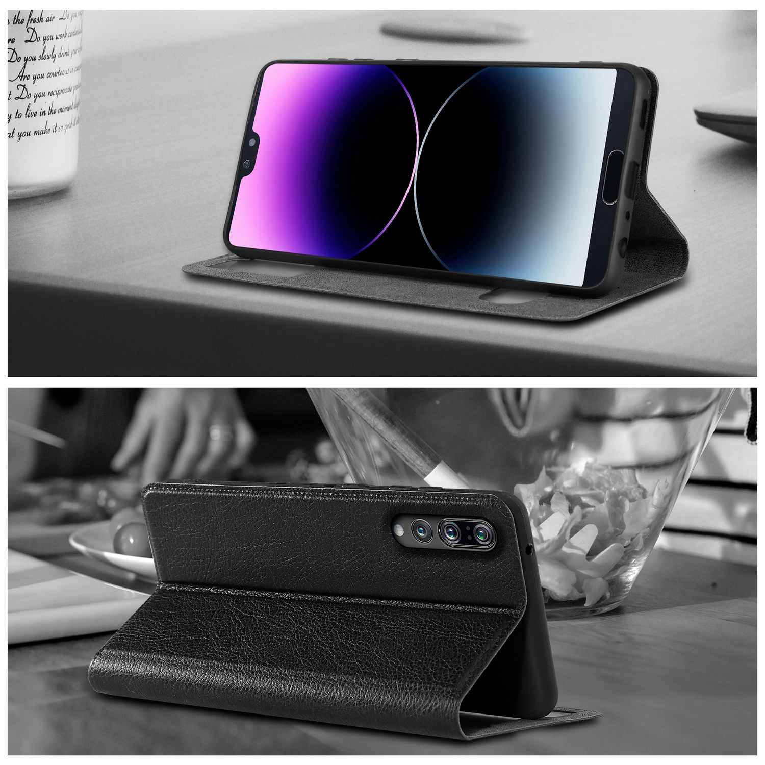Custodia nera aperta, che mostra un telefono. La custodia è su un tavolo con una tazza e cibo.