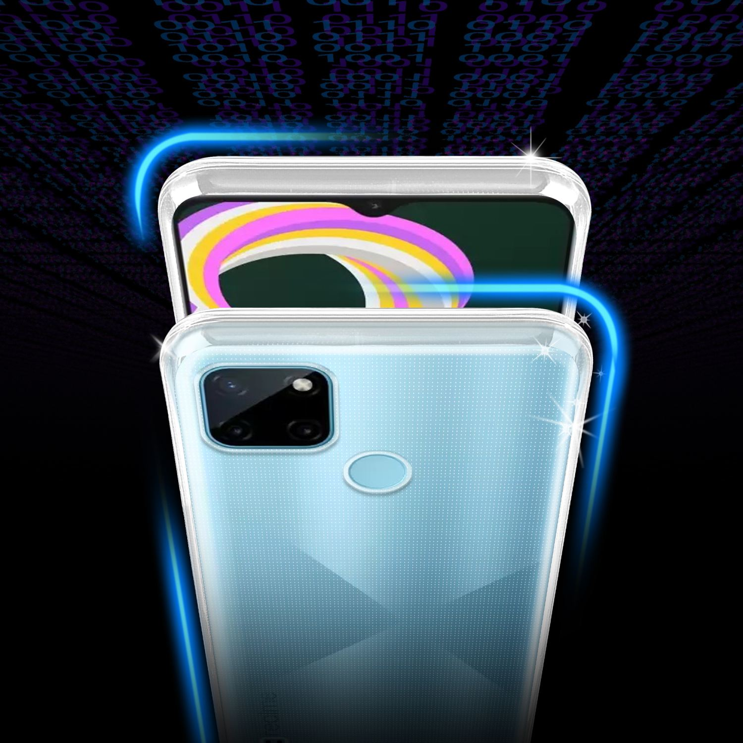 Das Telefon befindet sich in einer durchsichtigen Hülle. Die Rückseite ist blau. Die Hülle hat einen Schutzrahmen.