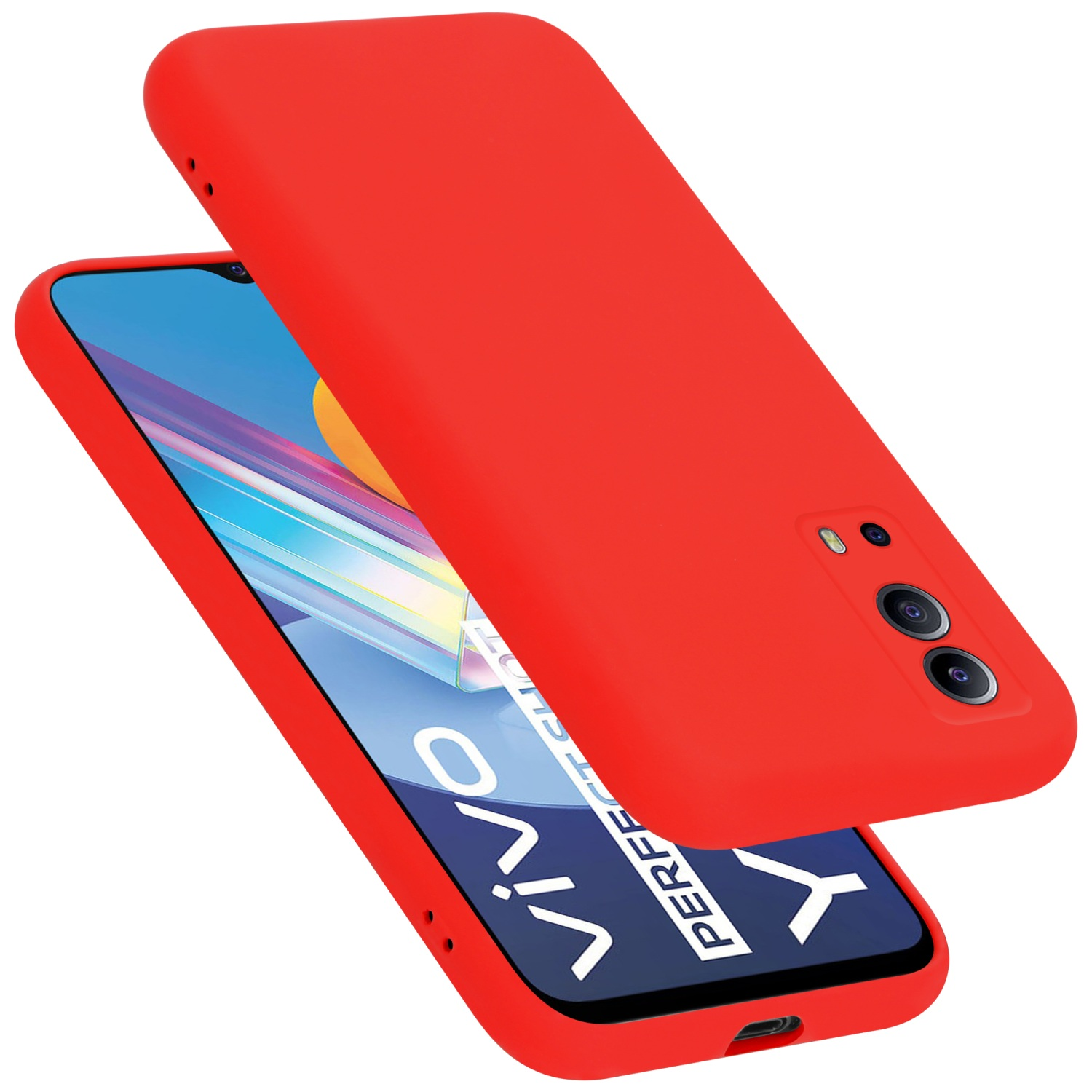 Ein rotes Telefon und eine Hülle werden angezeigt. Der Bildschirm zeigt einen blauen und orangen Hintergrund. Die Hülle ist oben.