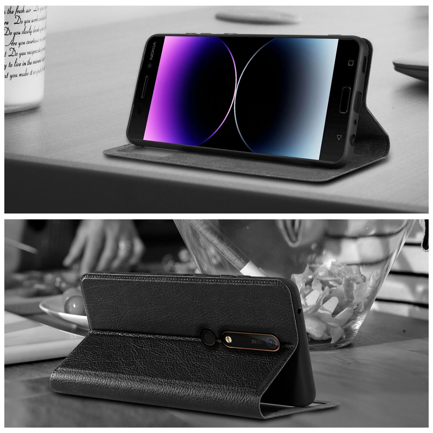 Dos fotos: teléfono en funda de cuero, abierto con pantalla en mesa. Funda de cuero negra abierta.