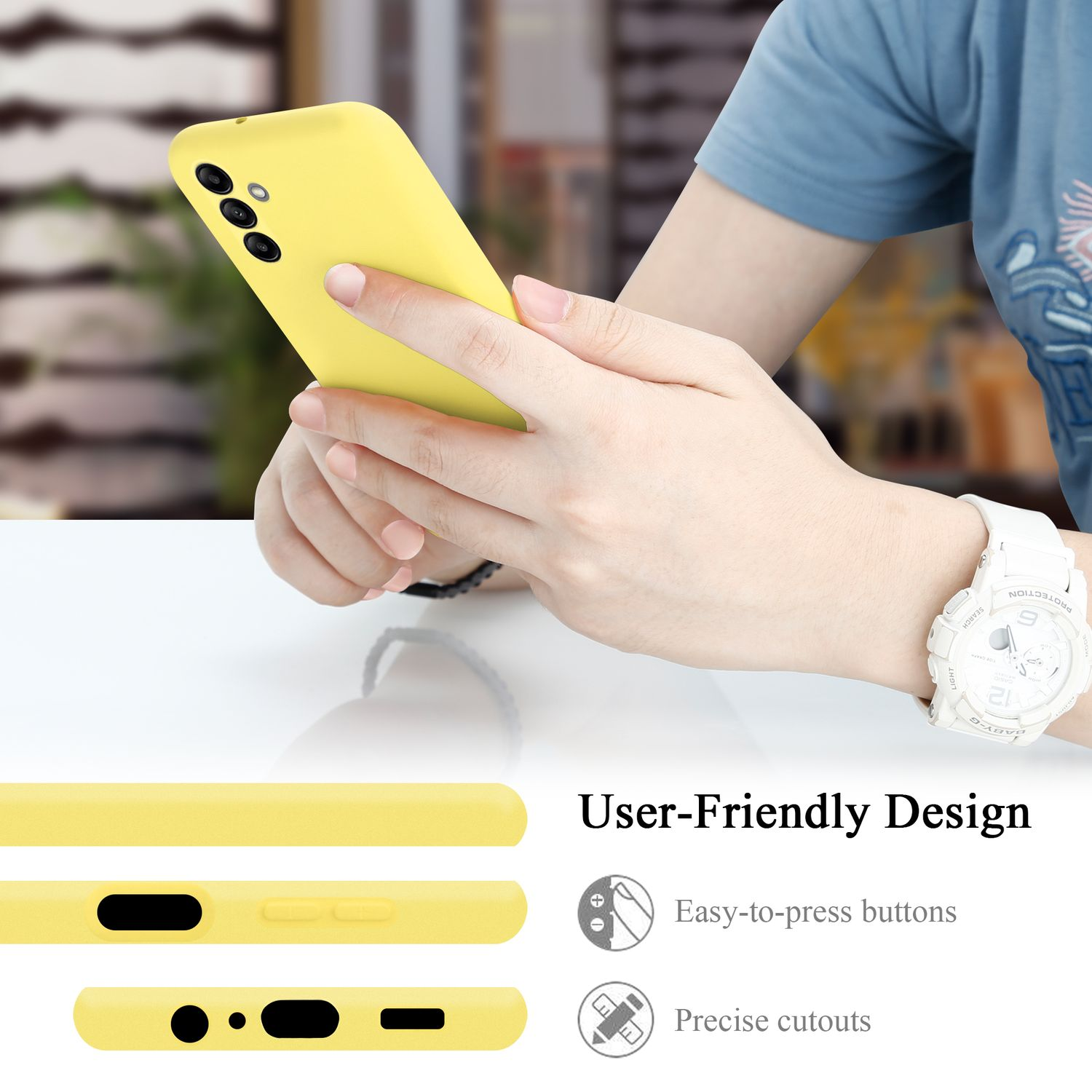 Person hält gelbes Telefon. Text: 'User-Friendly Design' und 'Easy-to-press buttons', 'Precise cutouts' Icons.