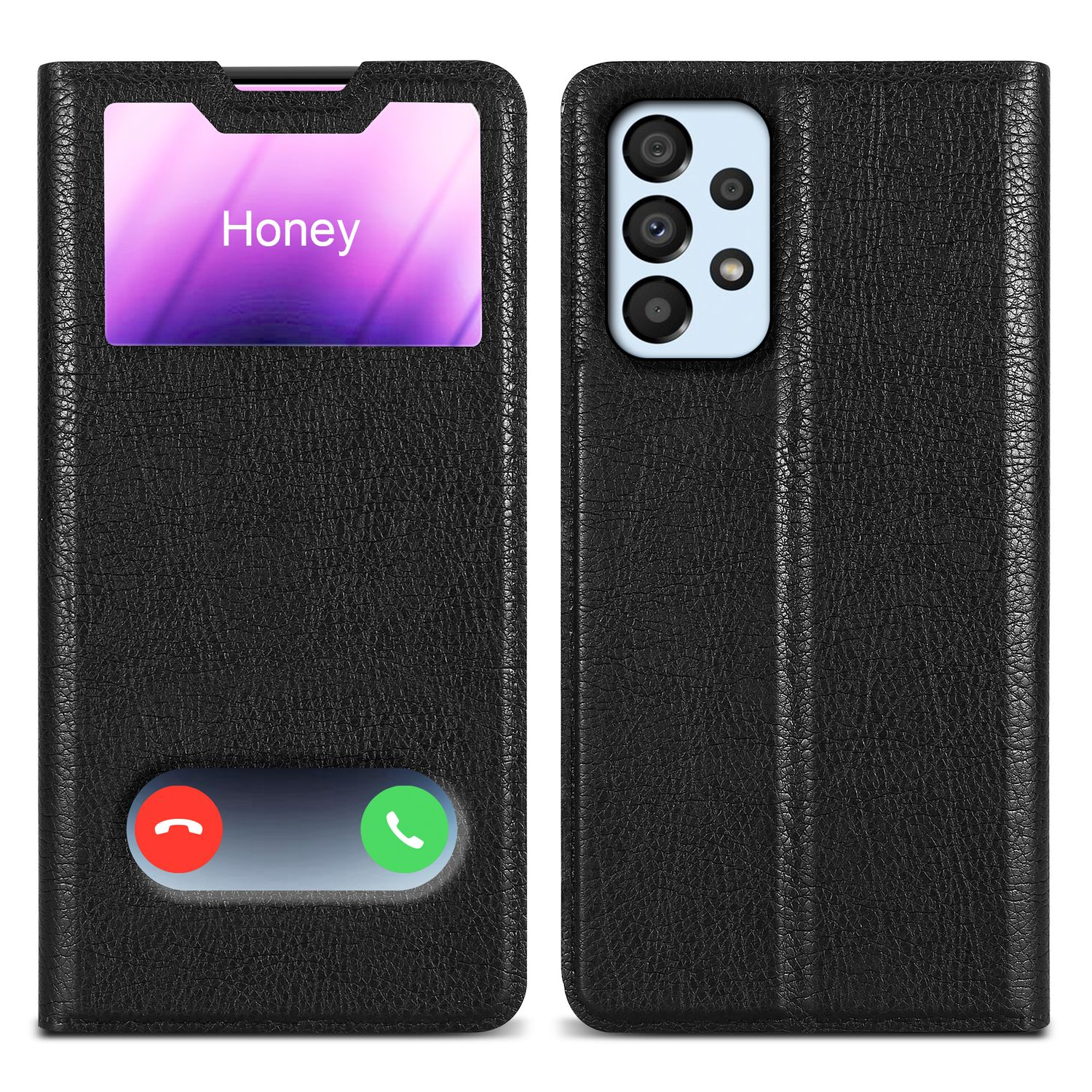 Schwarze Handyhülle mit Telefon darin. Das Telefon zeigt einen Anrufbildschirm. Gehäuse ist offen.