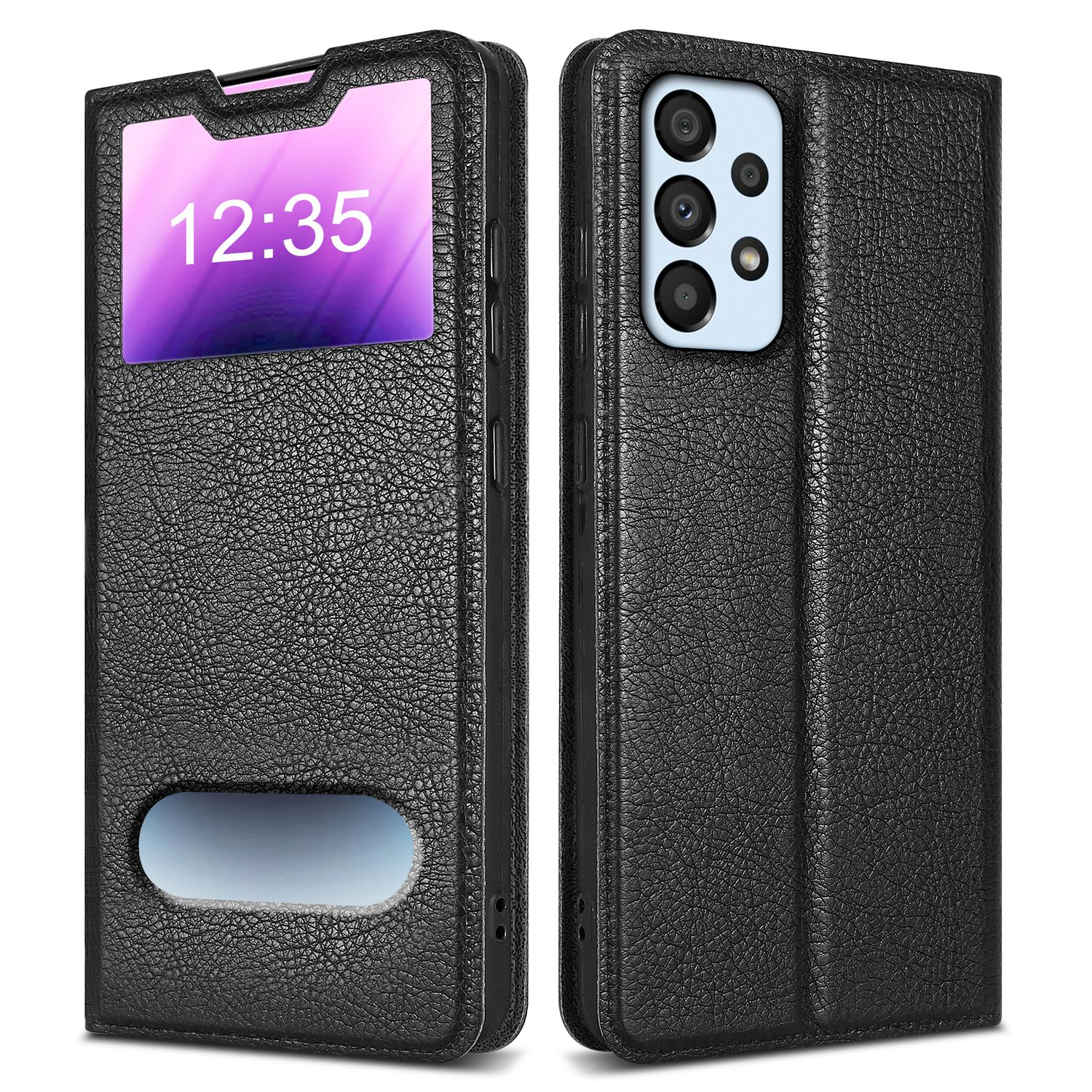 Geöffnete schwarze Handyhülle, zeigt Telefonbildschirm mit Uhrzeit und Kameras auf der Rückseite.