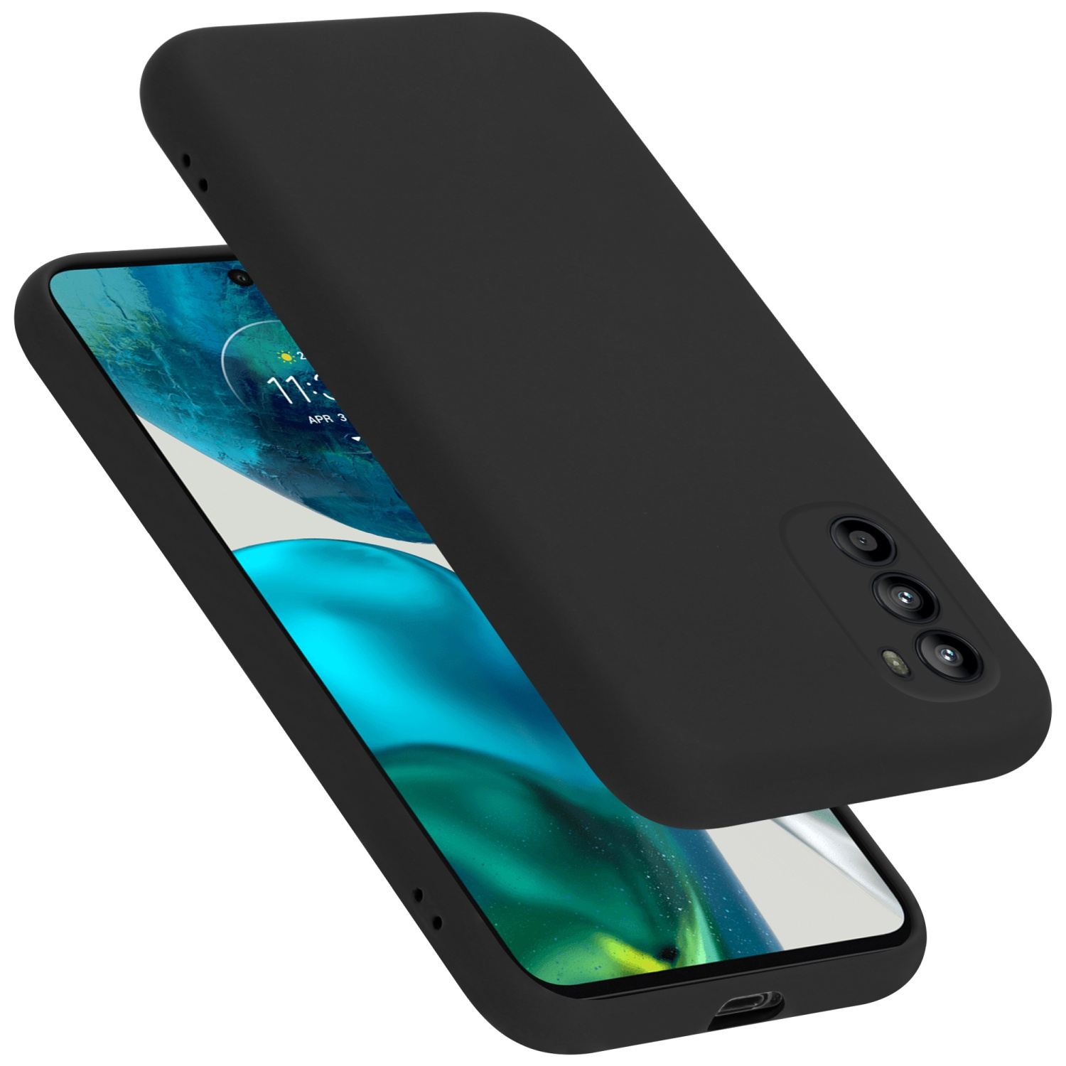 Schwarze Handyhülle mit Telefon. Das Telefon zeigt das Datum an.