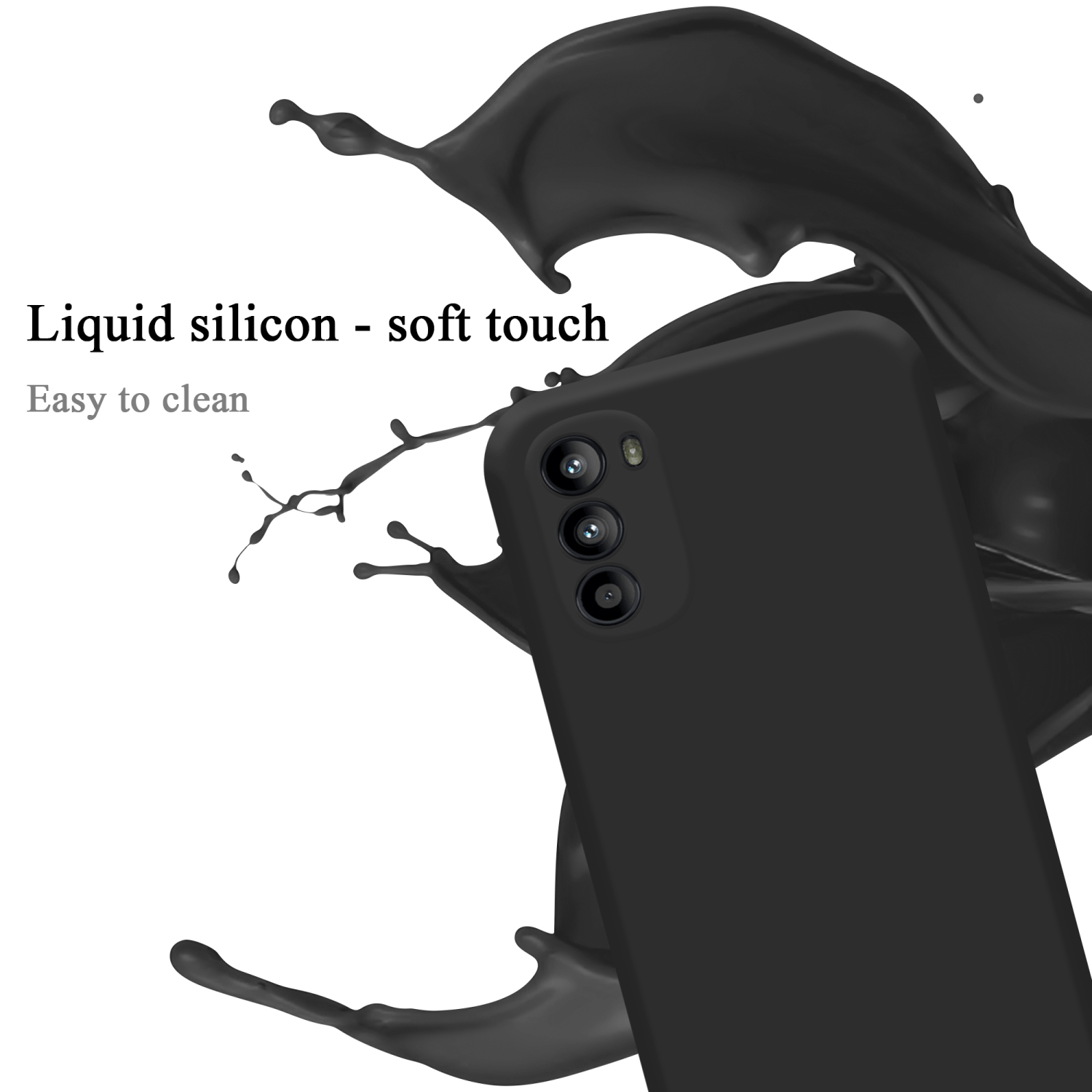 Schwarze Handyhülle mit schwarzem Flüssigkeitsspritzereffekt. Das Telefon hat mehrere Kameraausschnitte.