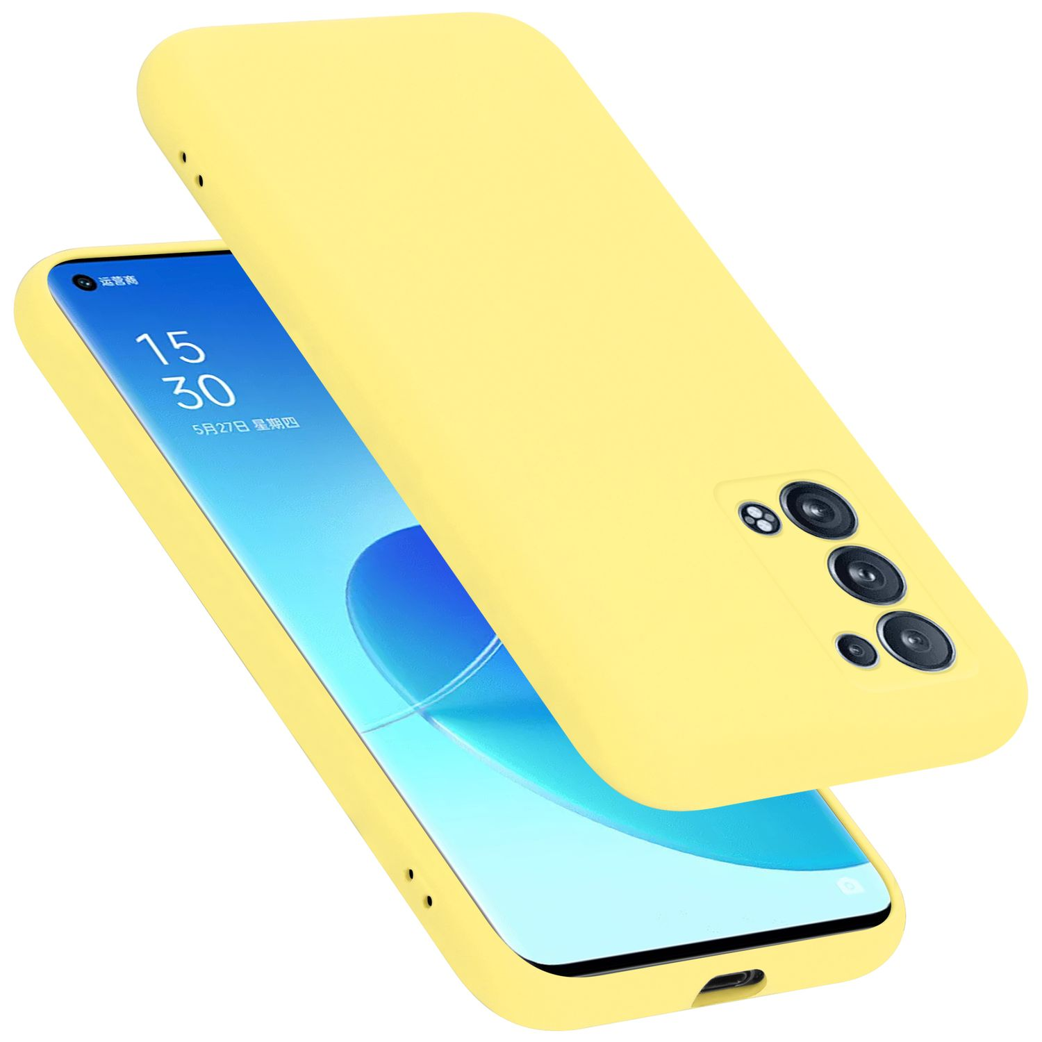 Gelbe Handyhülle und Telefon. Telefon zeigt Uhrzeit und Datum auf dem Bildschirm.