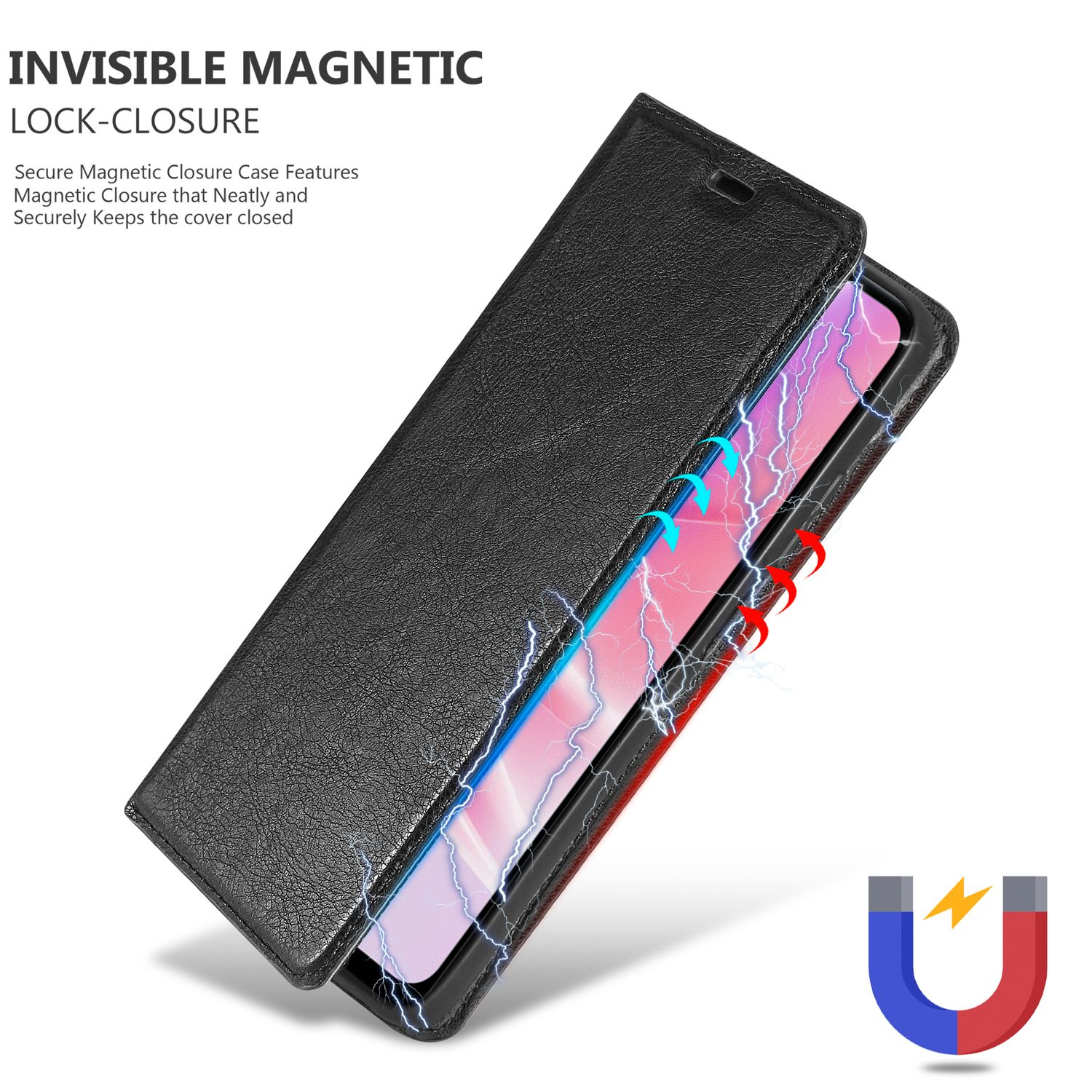 Custodia a portafoglio nera con un design a fulmine. Testo: Chiusura magnetica invisibile.