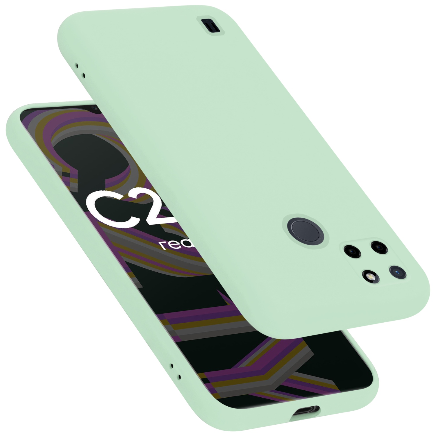Grüne Handyhülle und Telefon. Telefon zeigt ein farbenfrohes Muster auf dem Bildschirm.