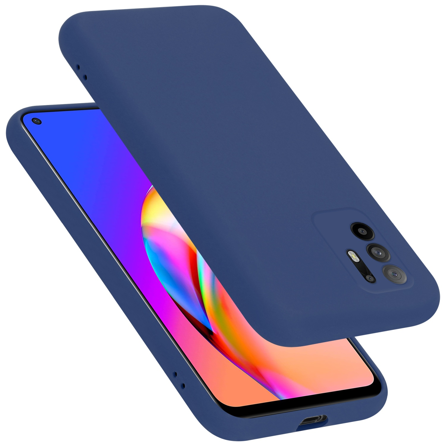 Dunkelblaue Handyhülle mit Telefon. Zwei Hüllen sind vorhanden, eine über der anderen. Das Telefon ist in der Hülle.