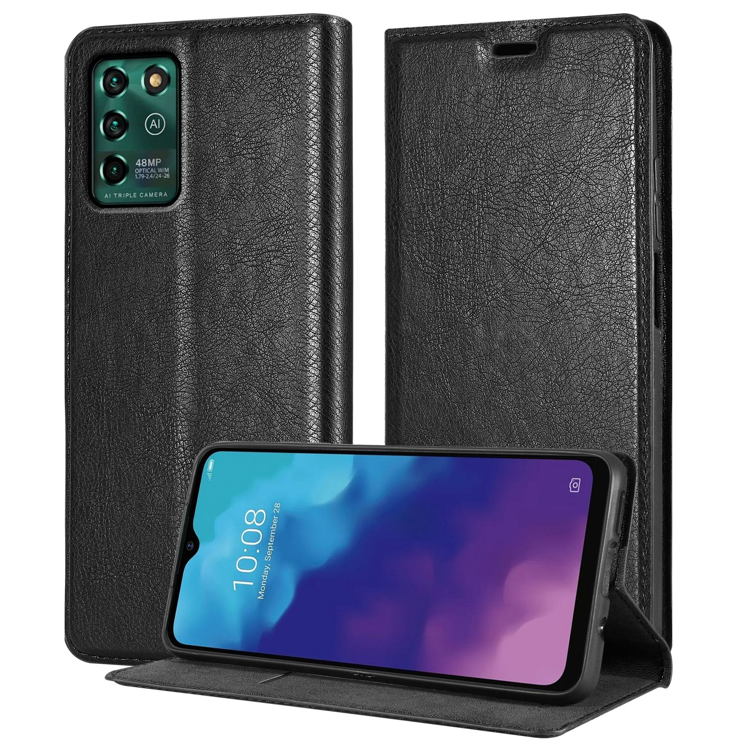 Schwarze Leder-Handyhülle, mit Telefon, geöffnet.