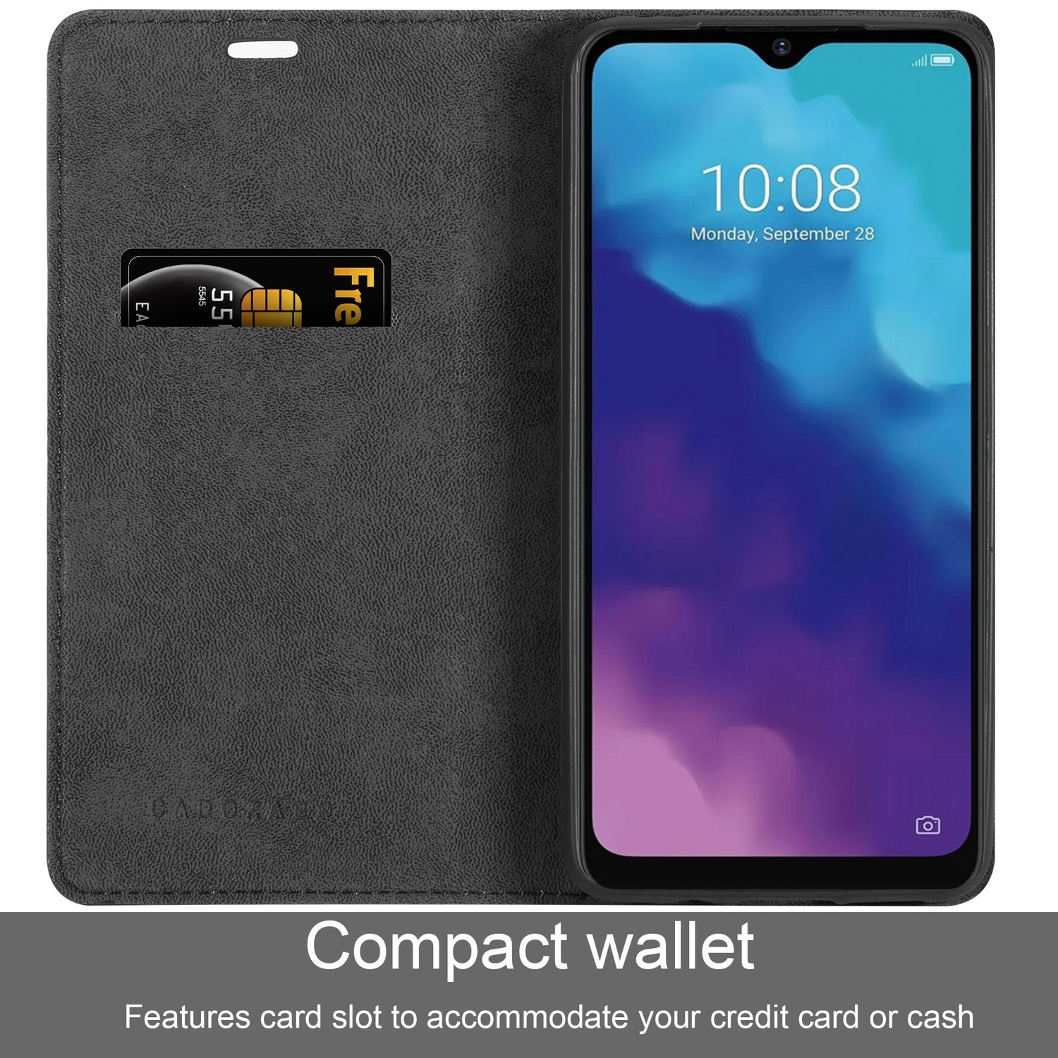 Schwarzes Handy-Portemonnaie geöffnet, zeigt Telefonbildschirm und Kartenfach mit Kreditkarte. Text: Kompakte Geldbörse.