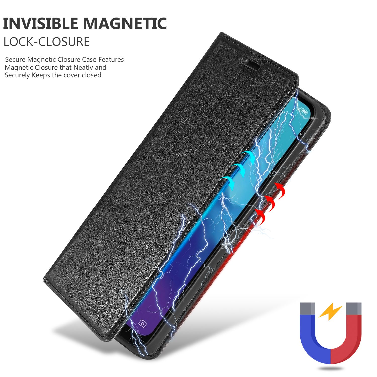 Schwarze Handyhülle geöffnet, zeigt das Telefon mit blauem Blitz.