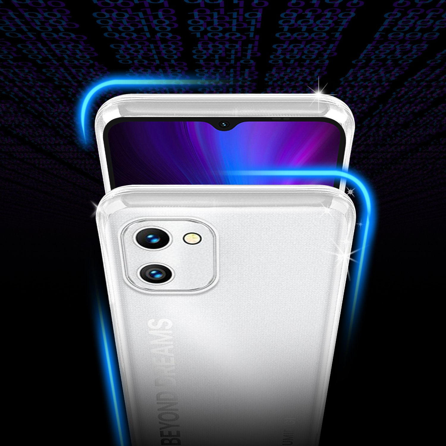 Telefono bianco con schermo nero, linee blu e sfondo binario.