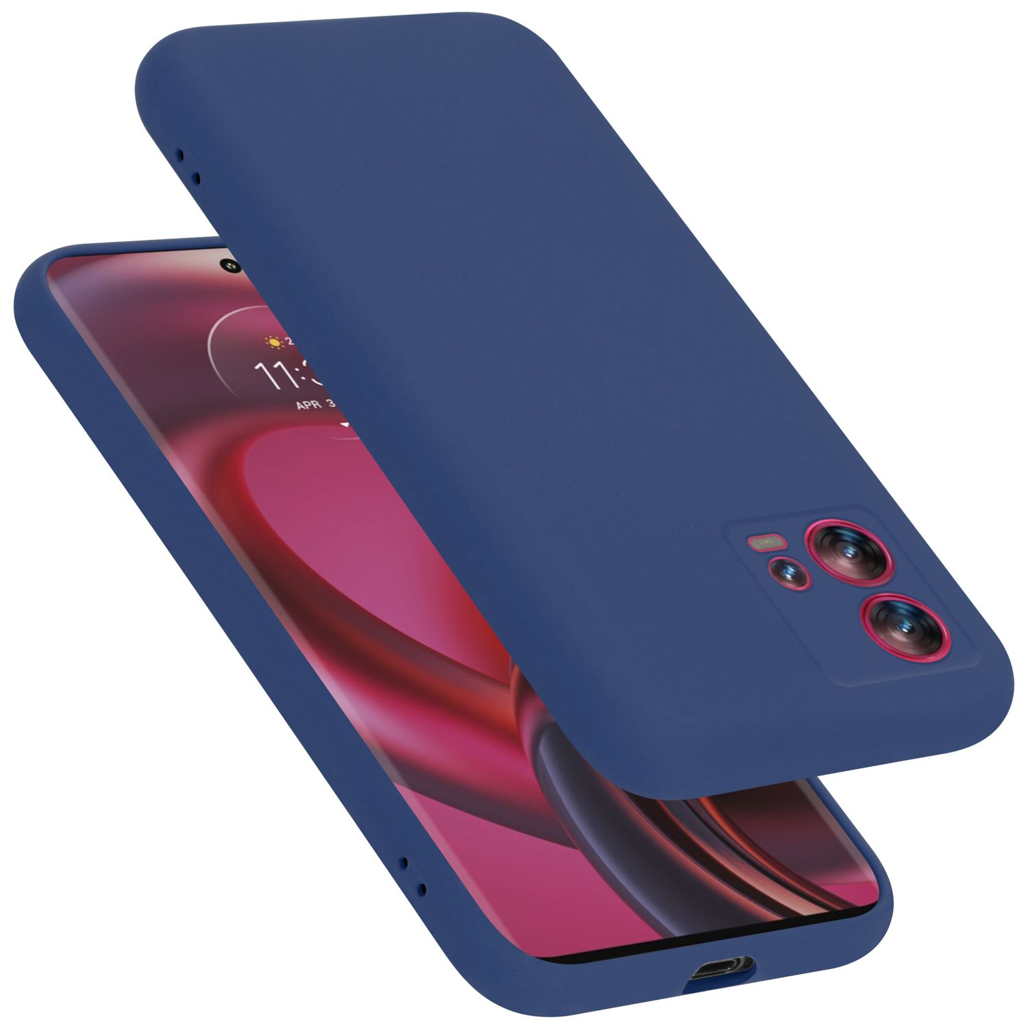 Marineblaue Handyhülle mit einem Telefon, das Telefon ist oben und offen.