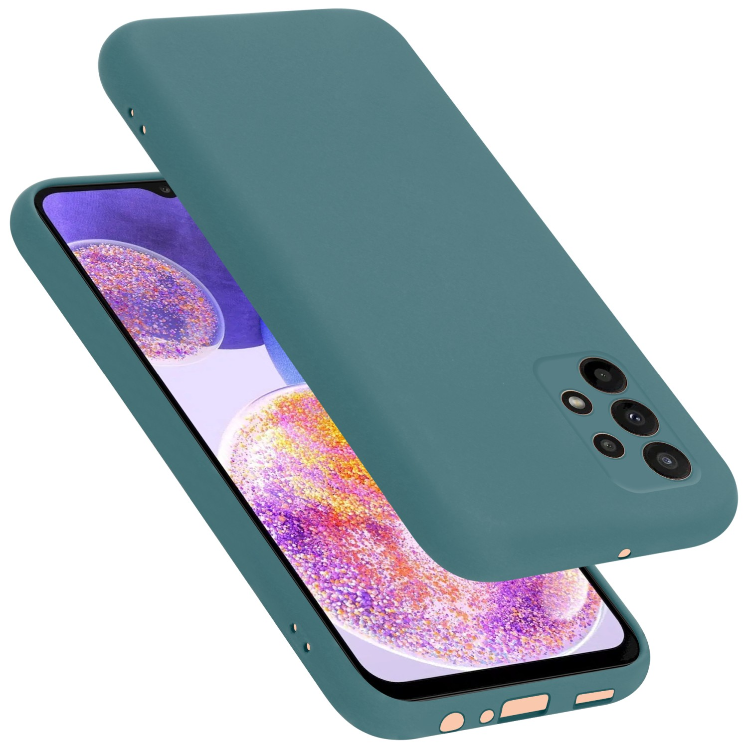 Türkisfarbene Handyhülle über einem Telefon, das den Bildschirm zeigt. Beide auf weißem Hintergrund.