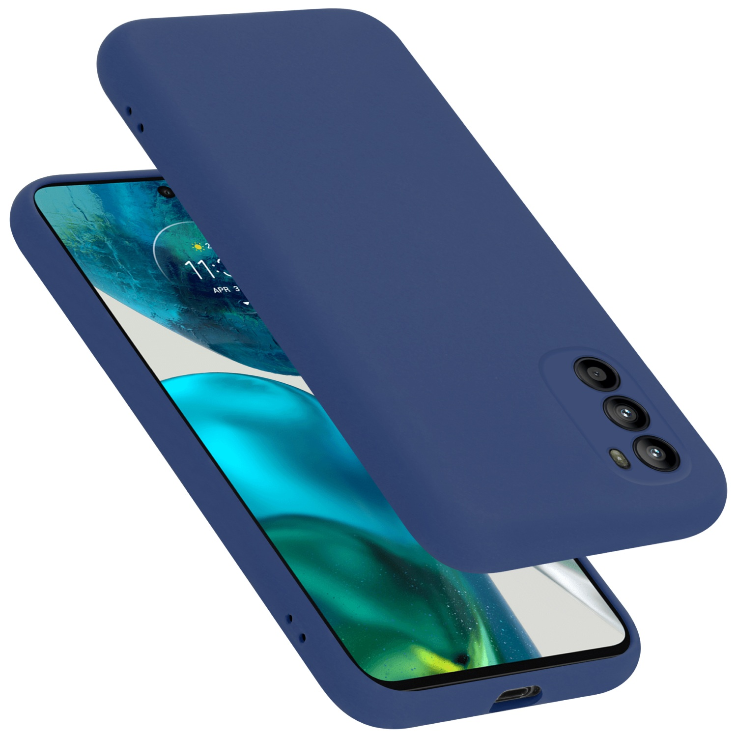 Blaue Handyhülle über einem Telefon. Der Bildschirm zeigt eine Uhr. Drei Kameras sind sichtbar.