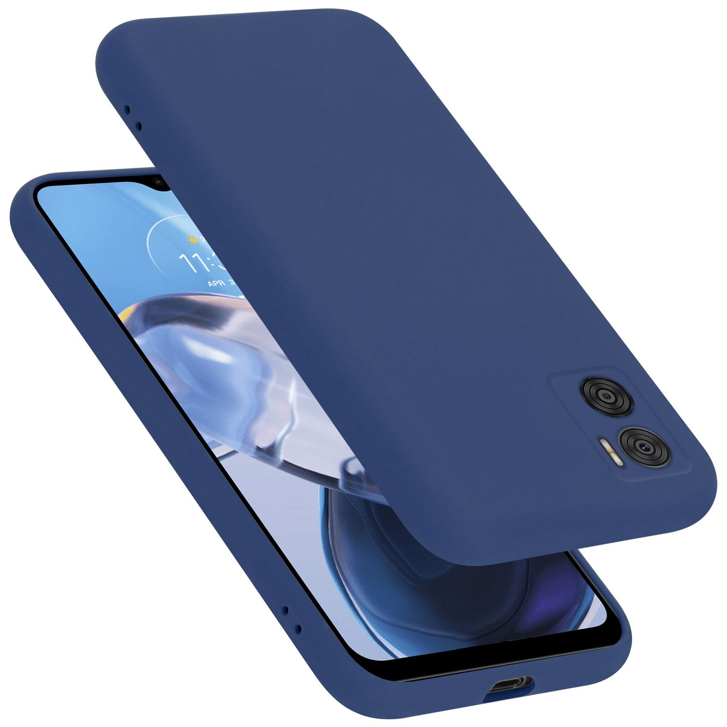 Blaues Telefon mit blauer Hülle. Mehrere Rückkameras. Weißer Hintergrund.