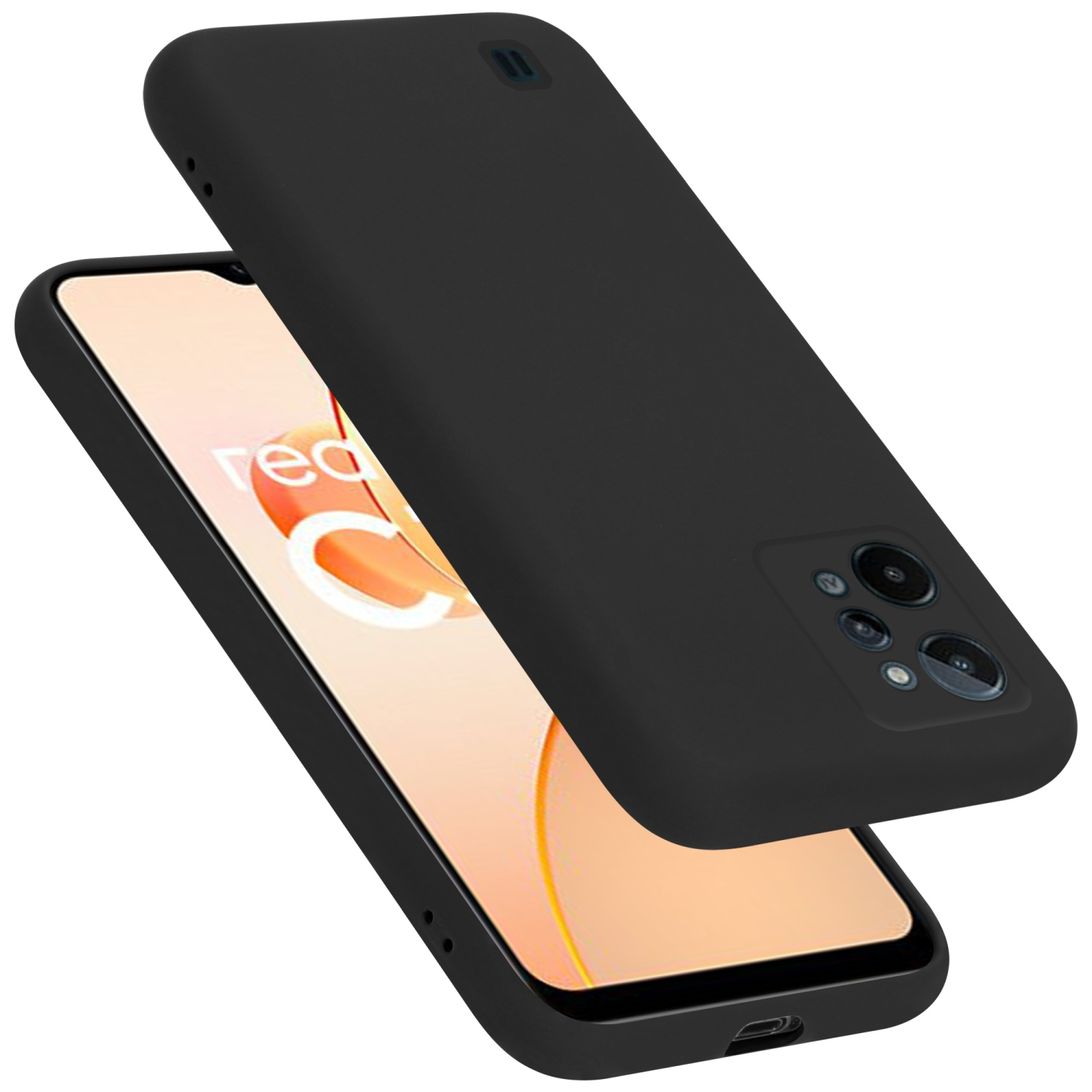 Schwarze Handyhülle und Telefon mit cremefarbenem Bildschirm. Hülle über dem Telefon. Weißer Hintergrund.