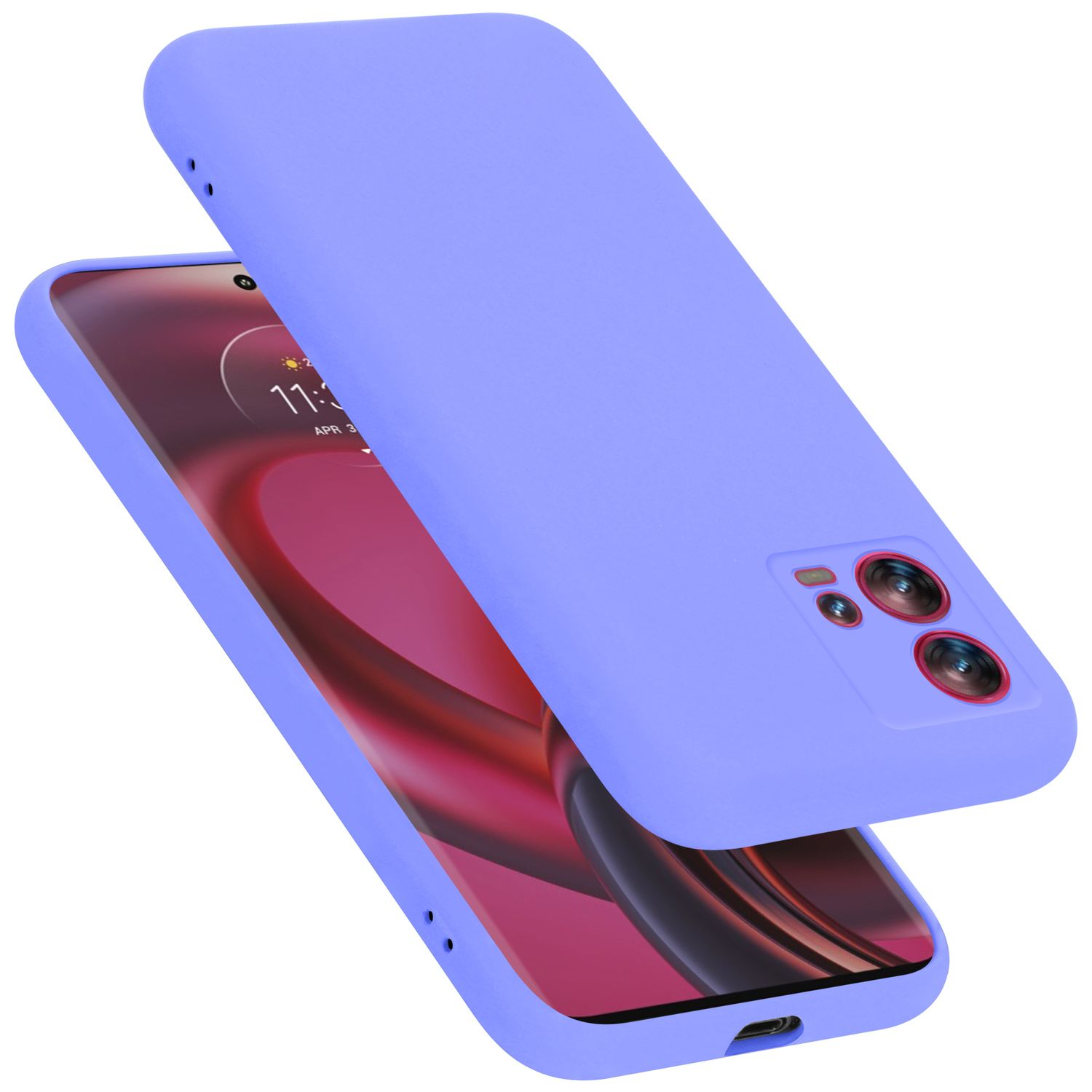 Eine lila Handyhülle mit Kameraaussparungen und einem nach oben abgewinkelten Telefon.