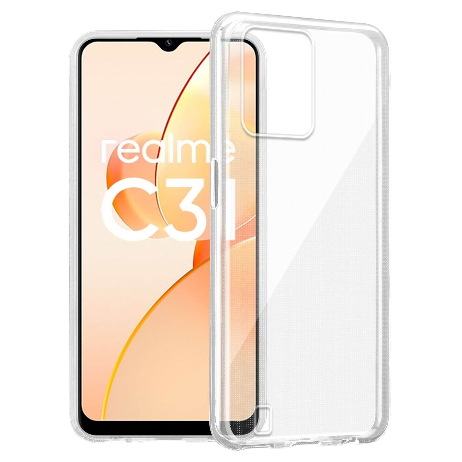 Custodia trasparente, aperta, con telefono. Realme C31 sullo schermo.