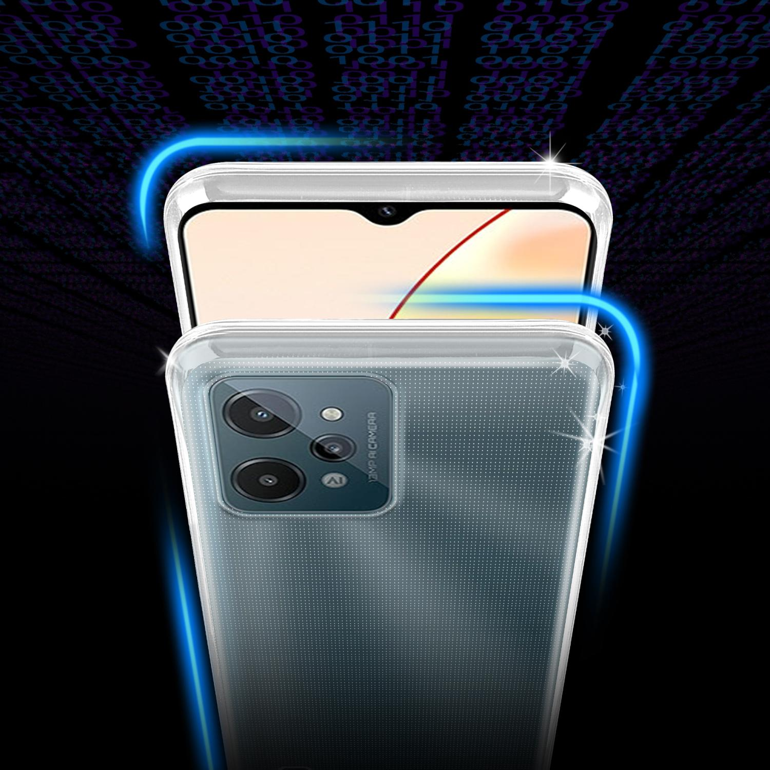 Custodia trasparente per telefono su sfondo scuro. Il telefono mostra un display. Luce blu intorno.