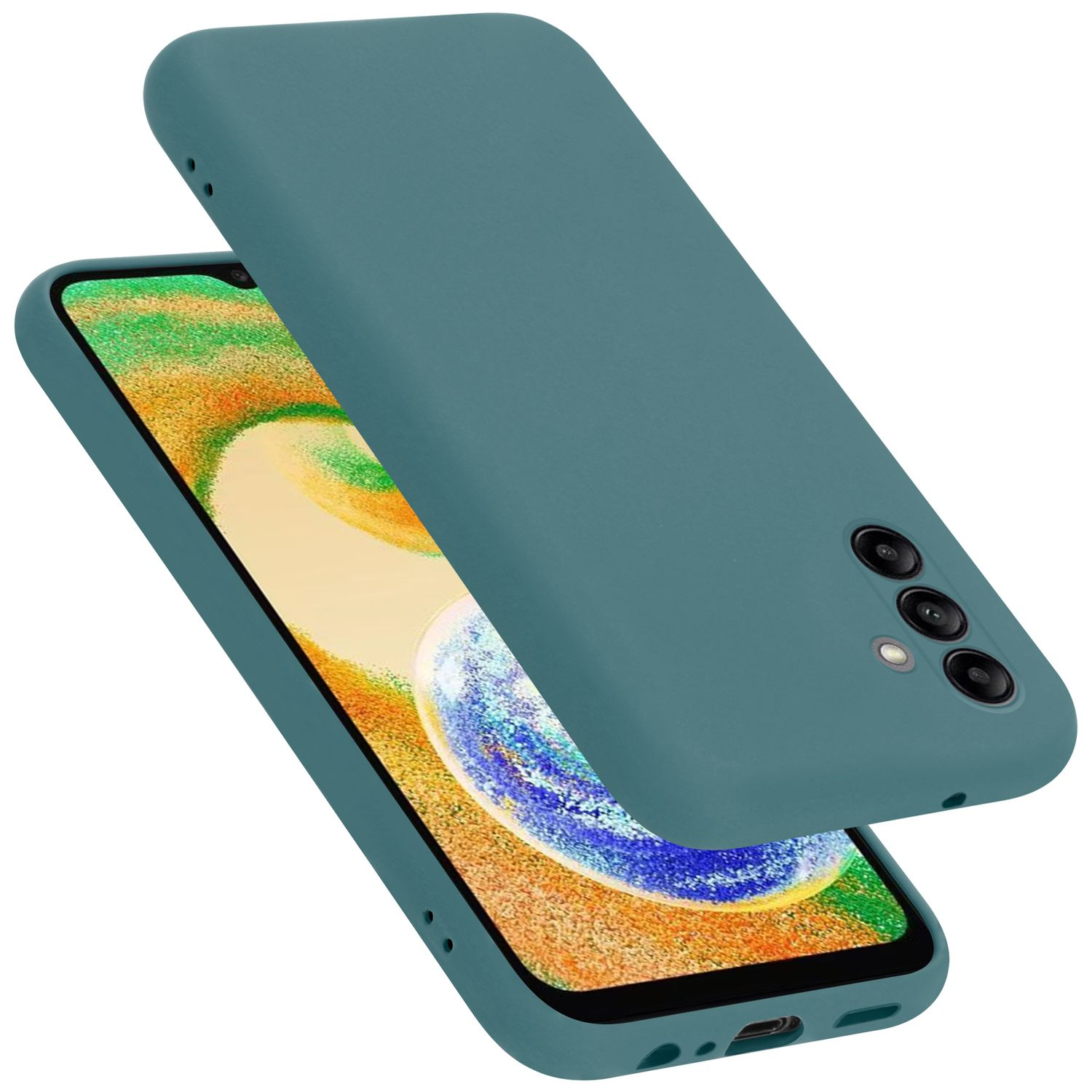 Eine offene türkisfarbene Handyhülle mit einem Telefon, das eine gelb-grüne Grafik anzeigt.