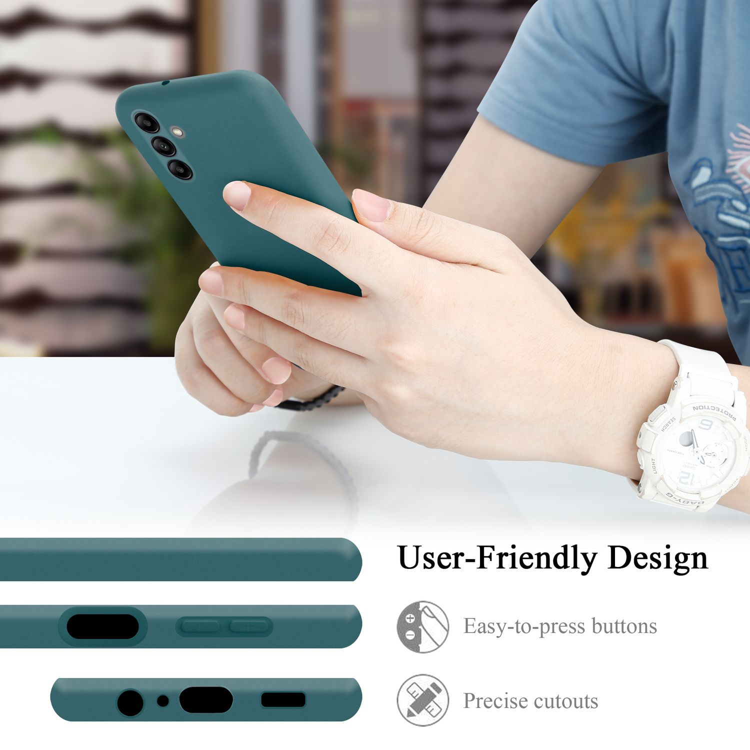 Eine Hand hält ein türkisblaues Telefon. Zusätzliche Bilder zeigen Tasten- und Anschlussdetails. Text: Benutzerfreundliches Design.
