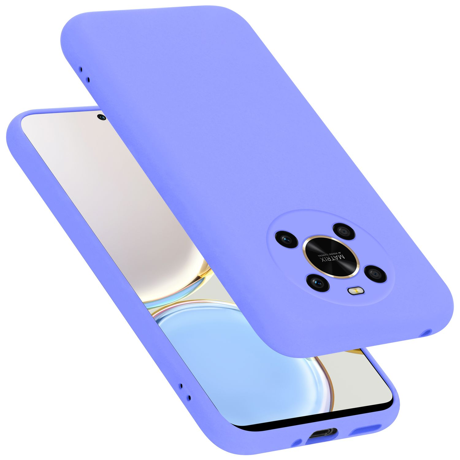 Custodia viola con telefono. Custodia viola, telefono con schermo, vista angolata.
