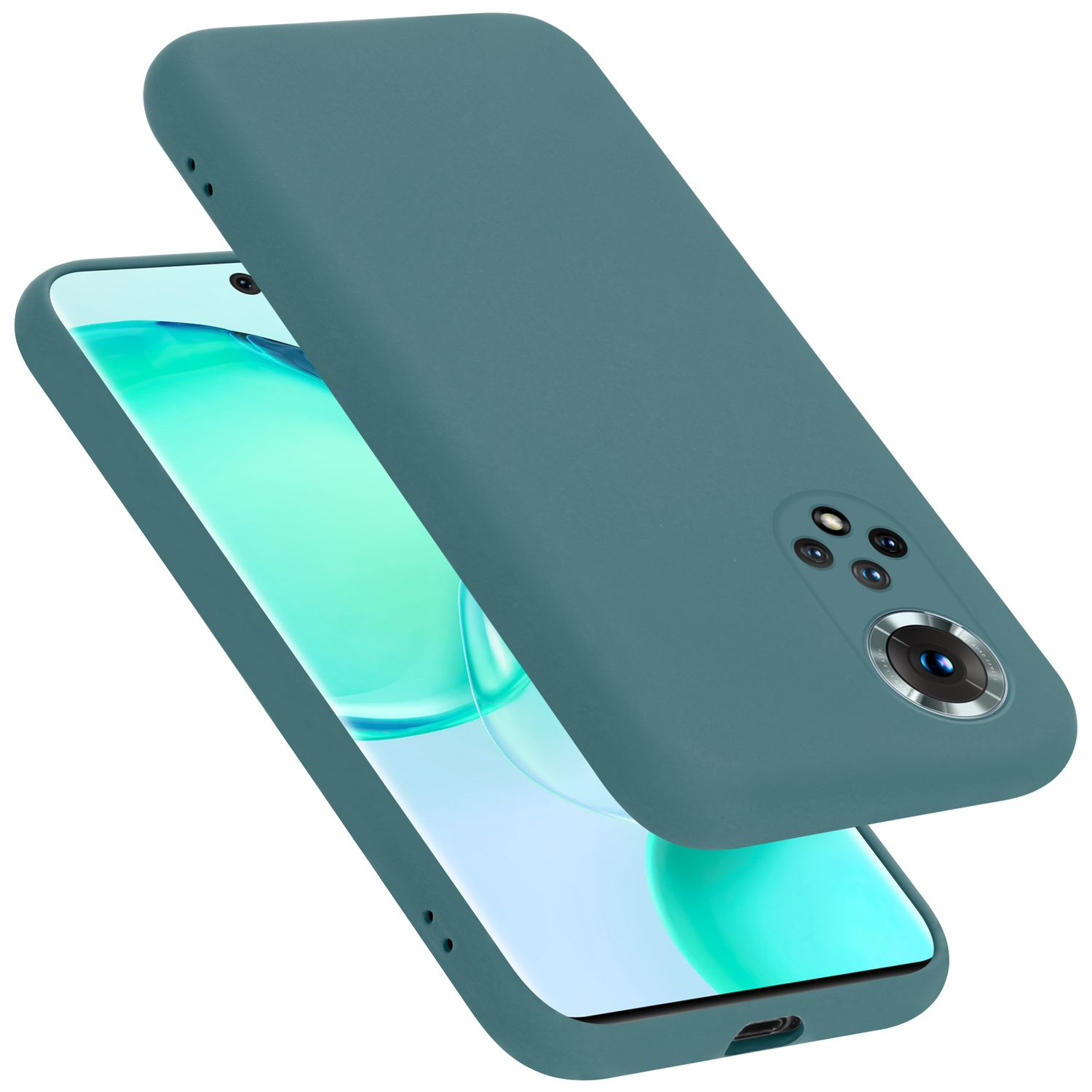 Türkisfarbene Handyhülle mit Telefon. Das Telefon hat einen türkisfarbenen Bildschirm.