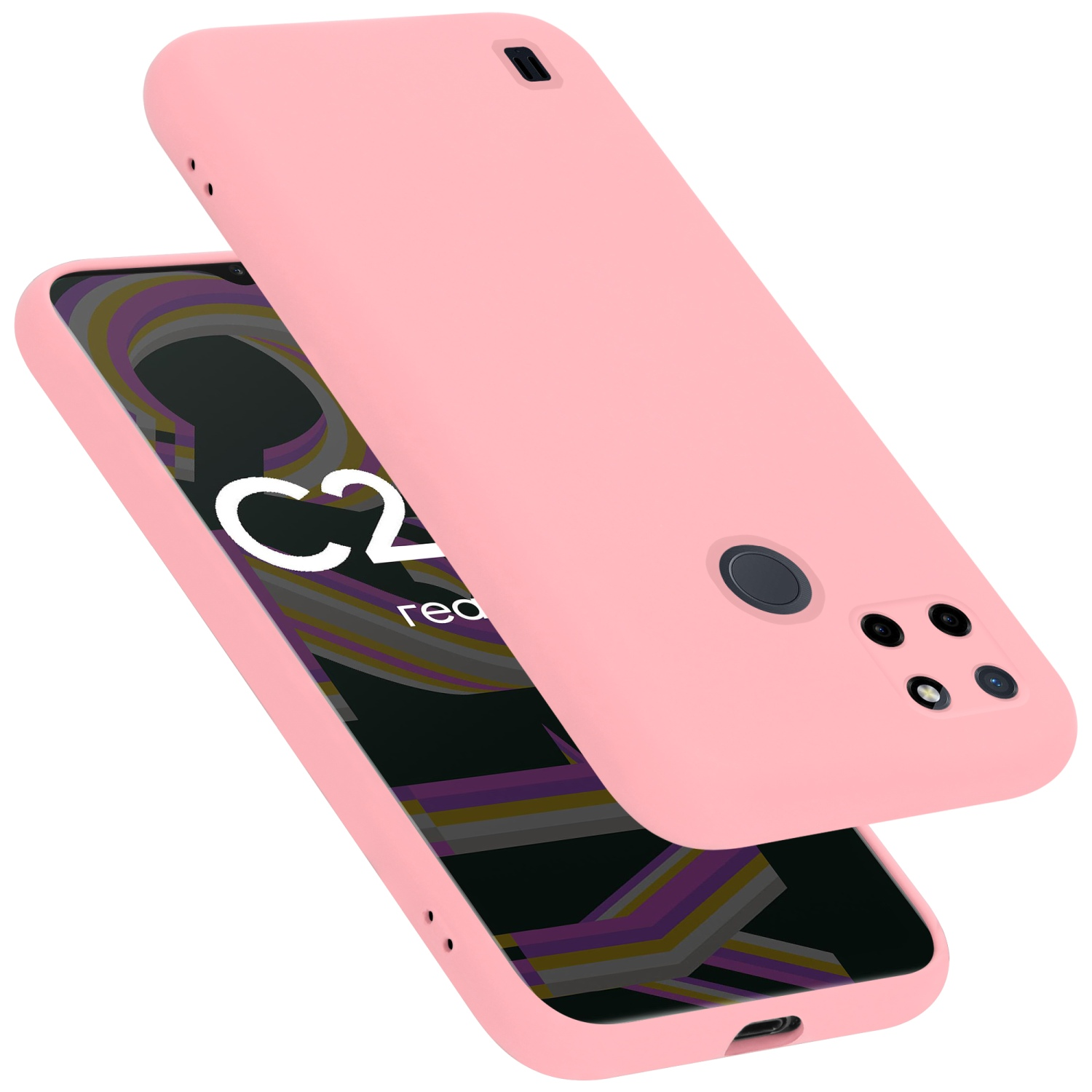 Eine rosa Handyhülle, offen, mit einem Telefon darin, das eine mehrfarbige Grafik anzeigt.