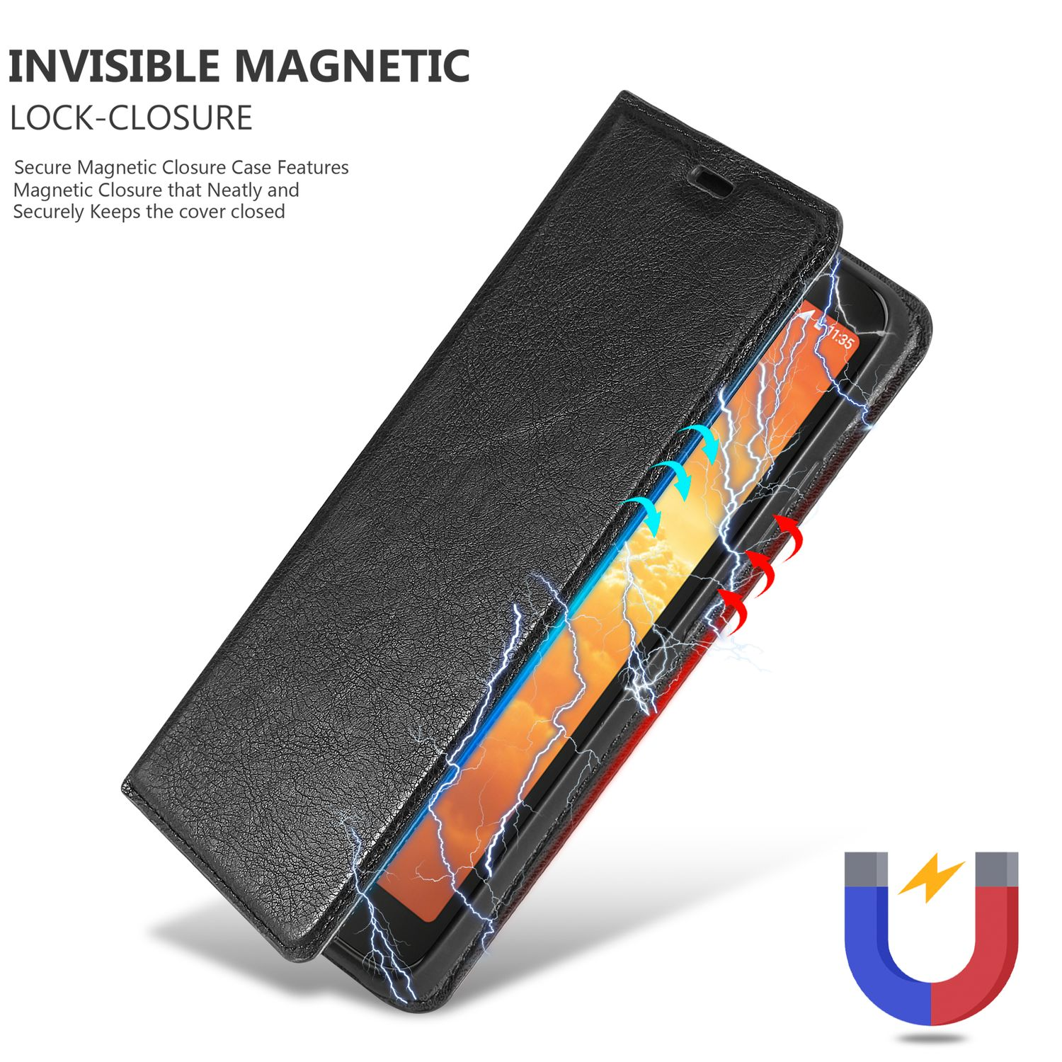 Custodia nera aperta, mostra un telefono con un design a fulmine. Testo: Chiusura magnetica invisibile.