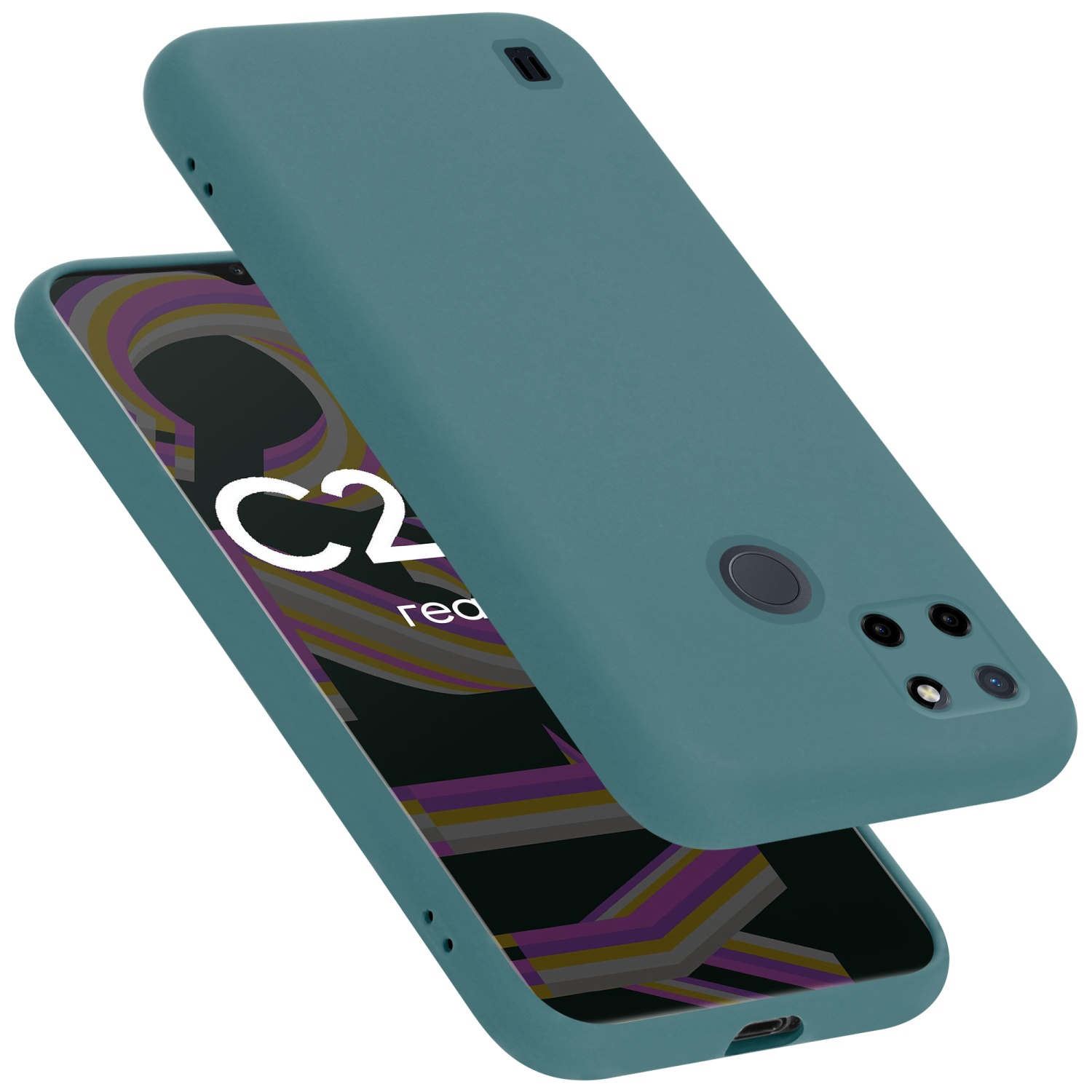 Türkis Telefon mit türkis Hülle. Mehrere Rückkameras. Weißer Hintergrund.