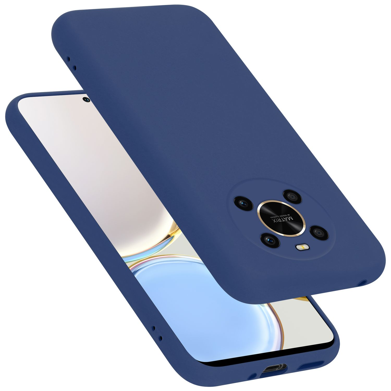 Custodia blu con telefono. Schermo visibile. La custodia è sopra il telefono.