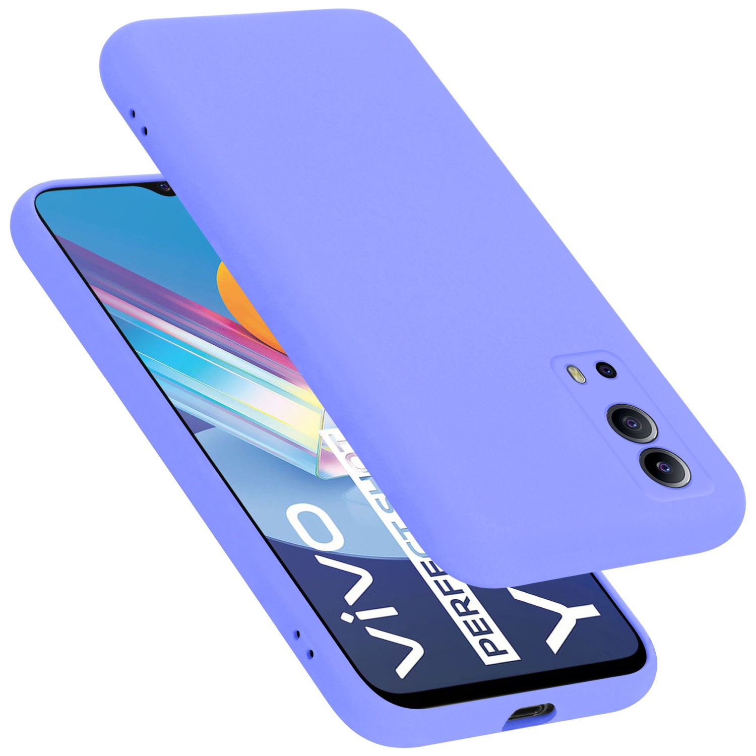 Ein lila Telefon in einer Hülle, mit einer zweiten Hülle im Hintergrund, die das Telefon zeigt.