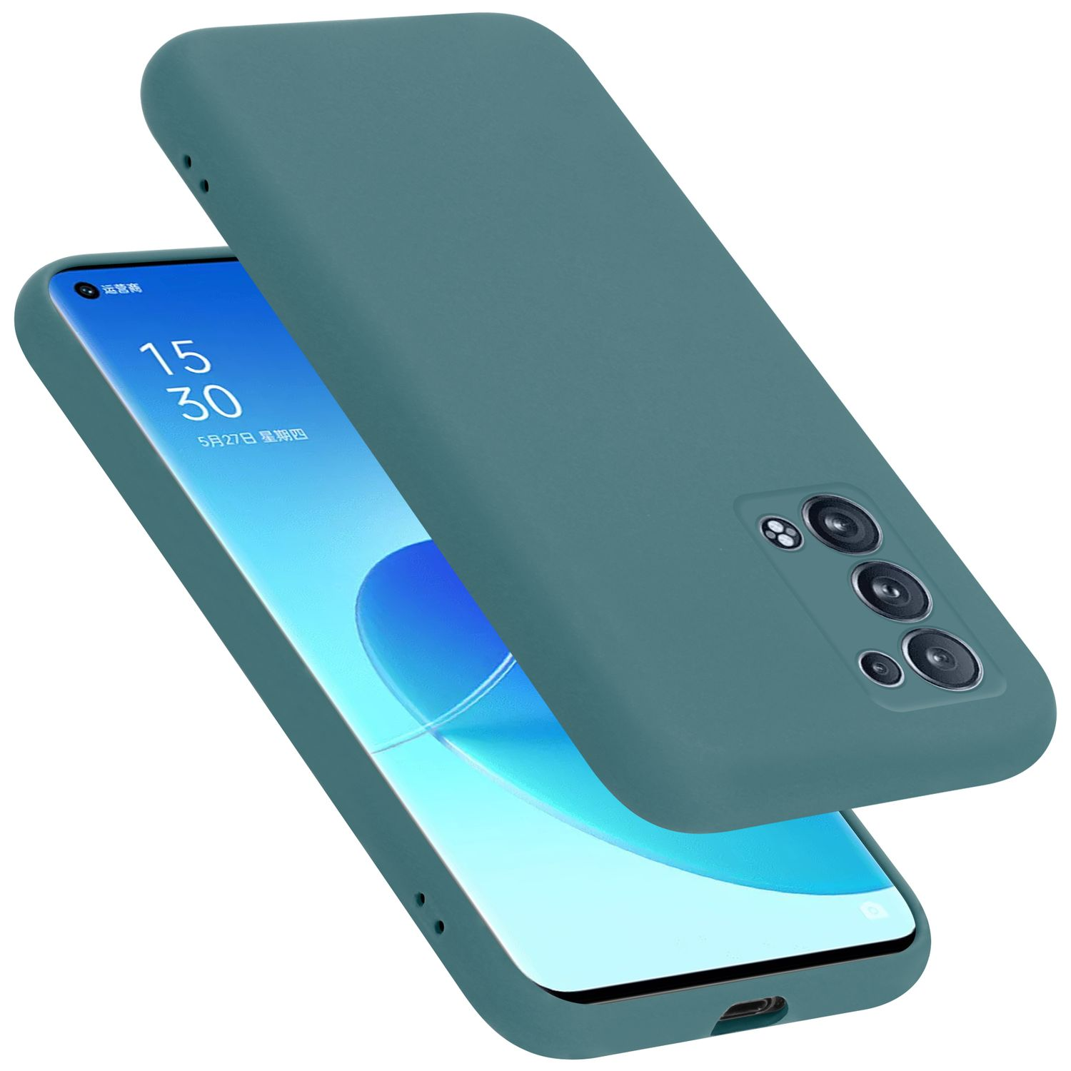 Türkisfarbene Handyhülle auf Telefon, Bildschirm sichtbar. Weißer Hintergrund.