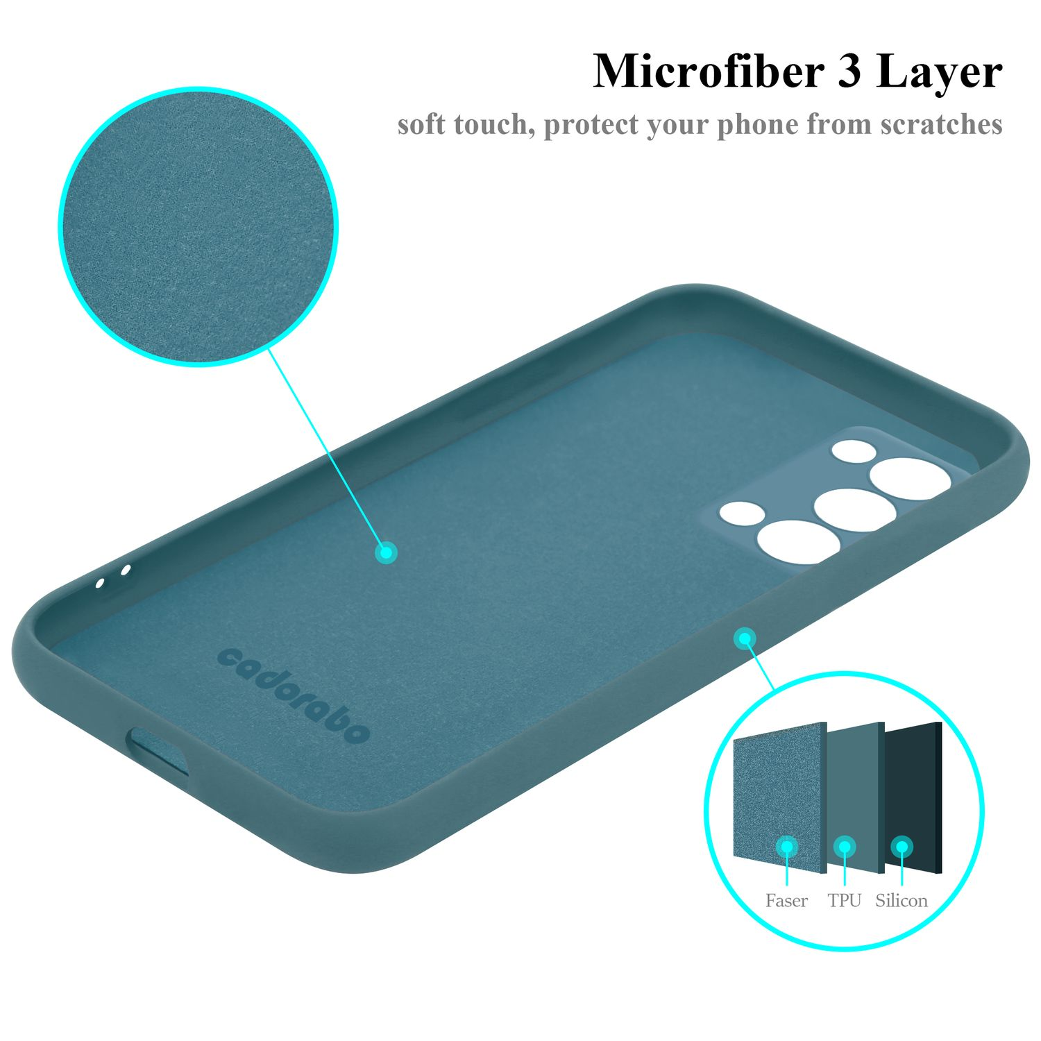 Türkisfarbene Handyhülle mit Text und Layer-Details. Mikrofaser 3-Schicht, Soft-Touch, schützt vor Kratzern.