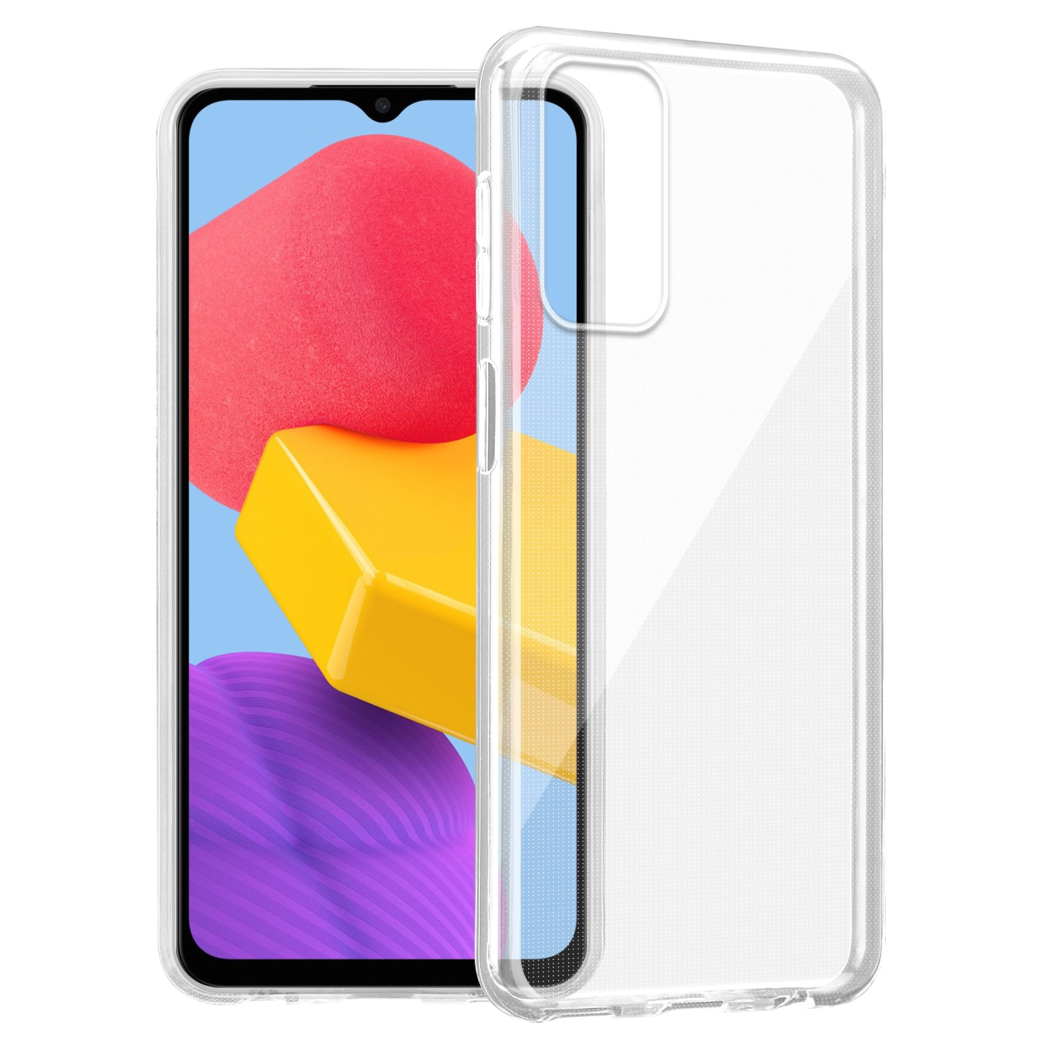 Custodia trasparente per telefono su un telefono. Lo schermo mostra forme colorate. La custodia è trasparente.