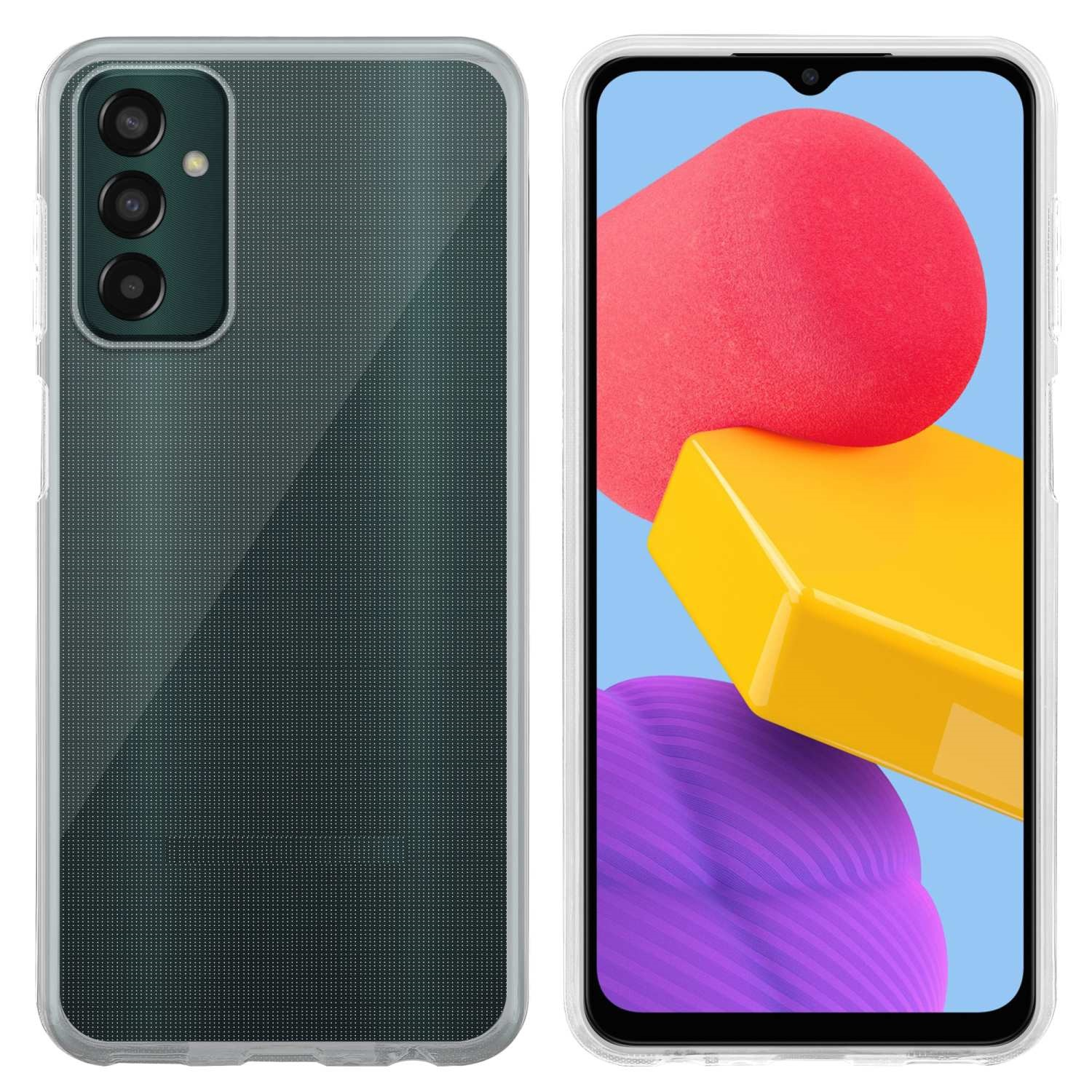 Due custodie per telefoni, una per lato. Una è trasparente, l'altra è trasparente. Entrambe hanno un modulo fotocamera verde.
