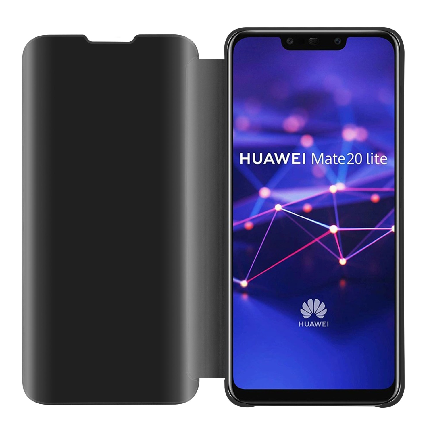 Coque de téléphone noire ouverte pour révéler un écran de téléphone. L'écran affiche le logo Huawei et le texte 'Mate 20 lite'.